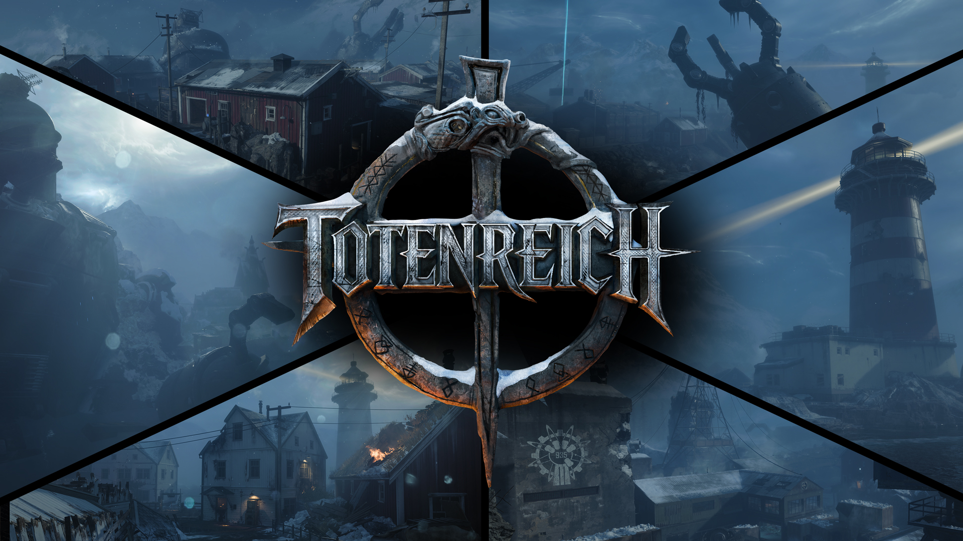 Collage of snowy coastal locations surrounds the Totenreich logo, highlighting the Zombies map's frozen village, lighthouse, and harbor.
