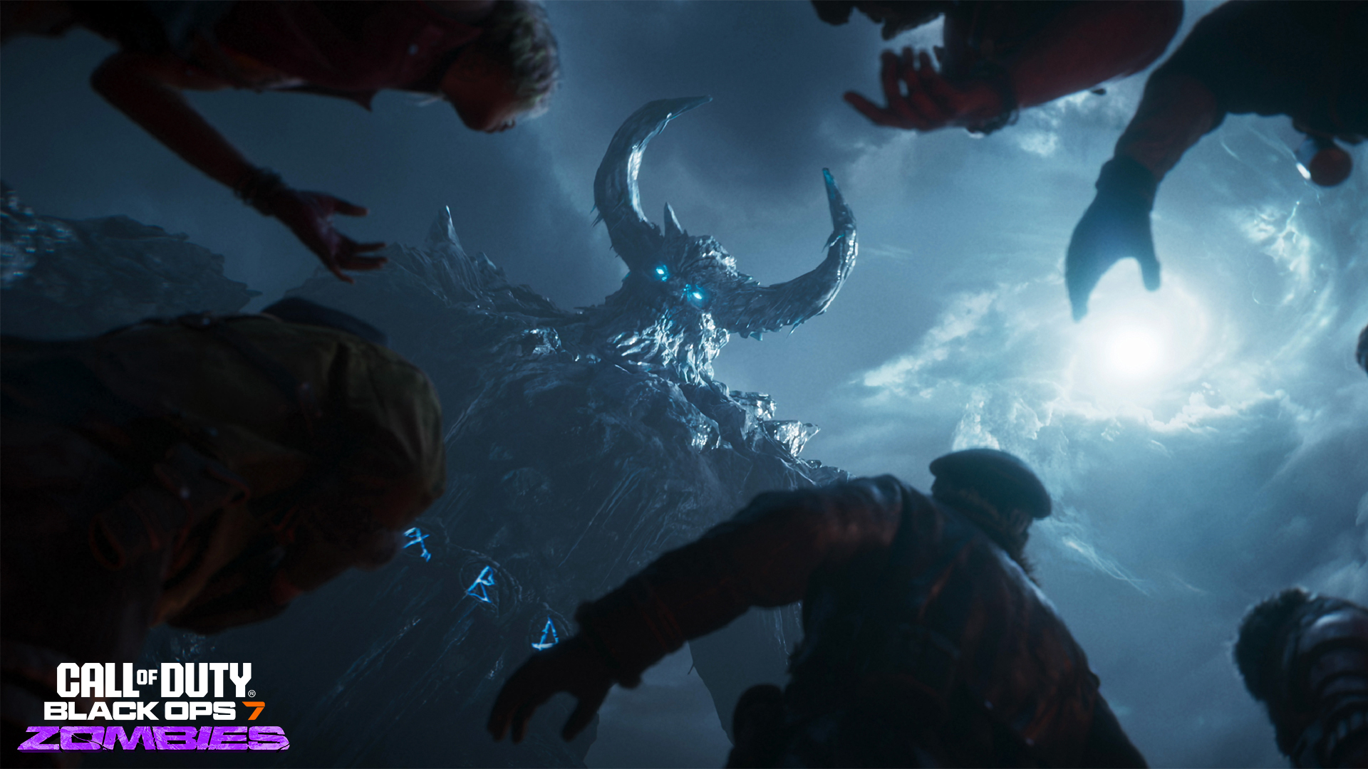 Survivors look up as a towering horned creature with glowing blue eyes rises from a stormy mountain beneath swirling clouds.