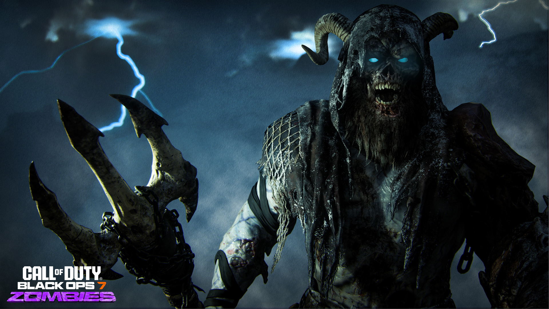 Close-up of a horned undead boss with glowing blue eyes brandishing a massive three-pronged claw as lightning flashes behind it.