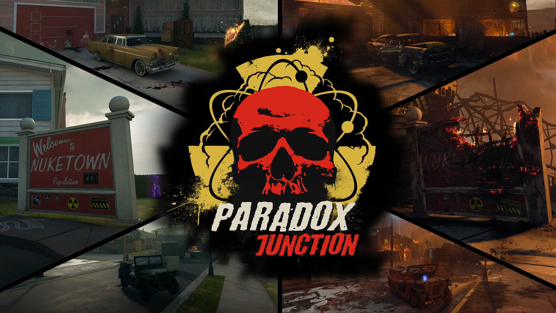 Call of Duty Black Ops 7 Zombies: Paradox Junction logo and collection of location images.
