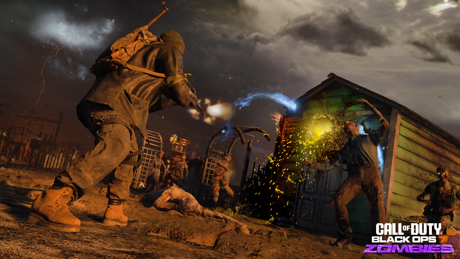 Player character fighting multiple zombies in a desolate landscape surrounded by magical orbs.