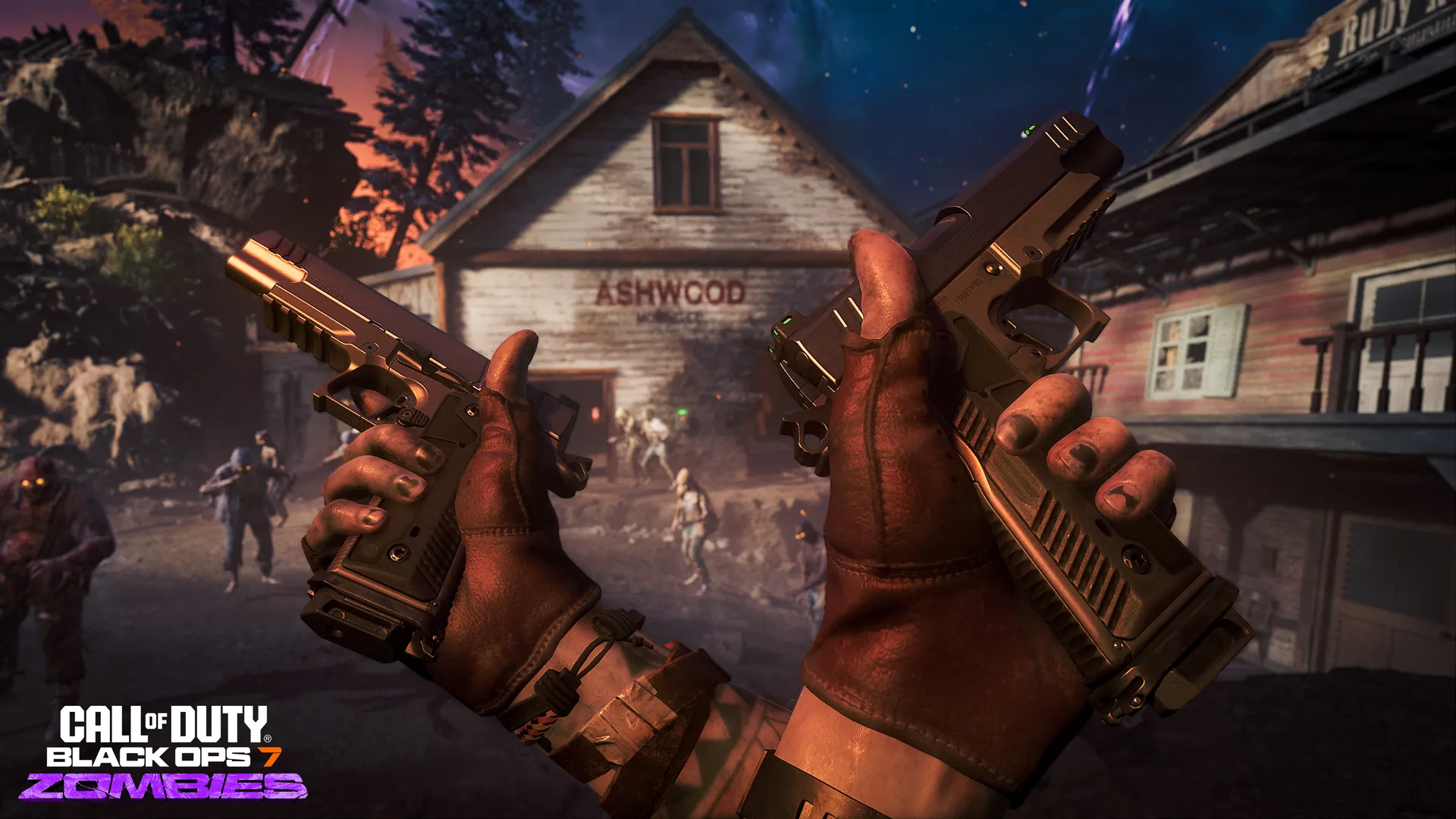Hands in brown gloves hold two pistols aimed at zombies approaching a house labeled “ASHWOOD.”