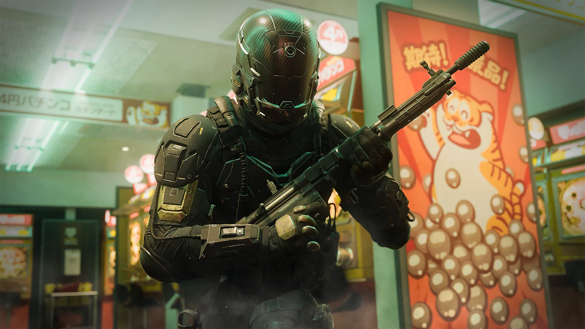 An armored operator carries a suppressed rifle through a brightly lit pachinko arcade.