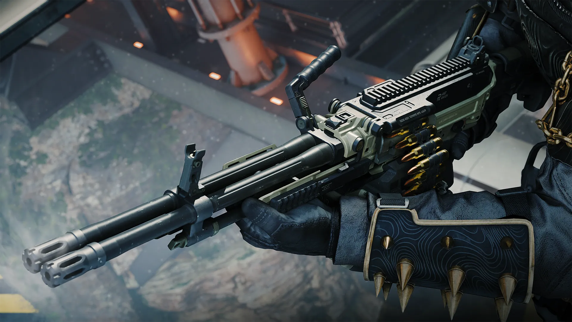 A close-up highlights a heavy machine gun with exposed ammunition belts and reinforced components.