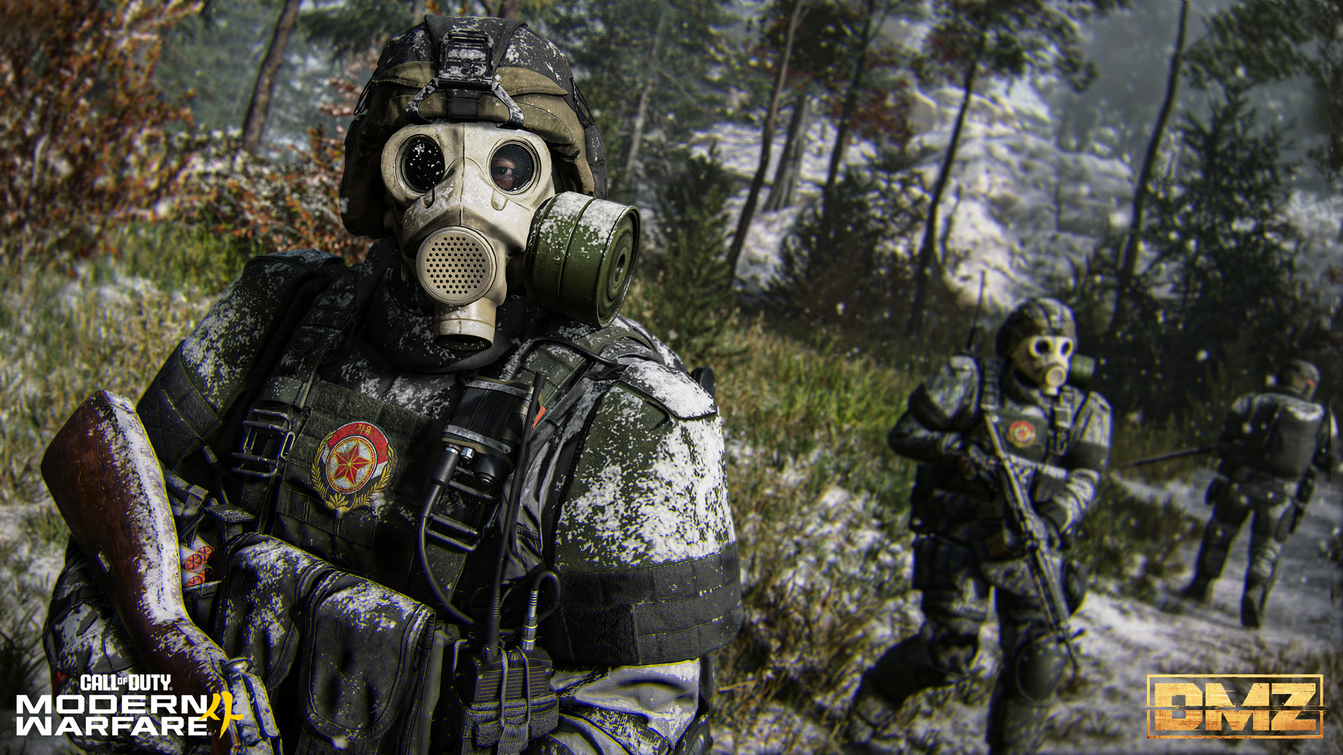Three soldiers wearing gas masks and winter combat gear move through a snowy forest, with one prominently in the foreground.