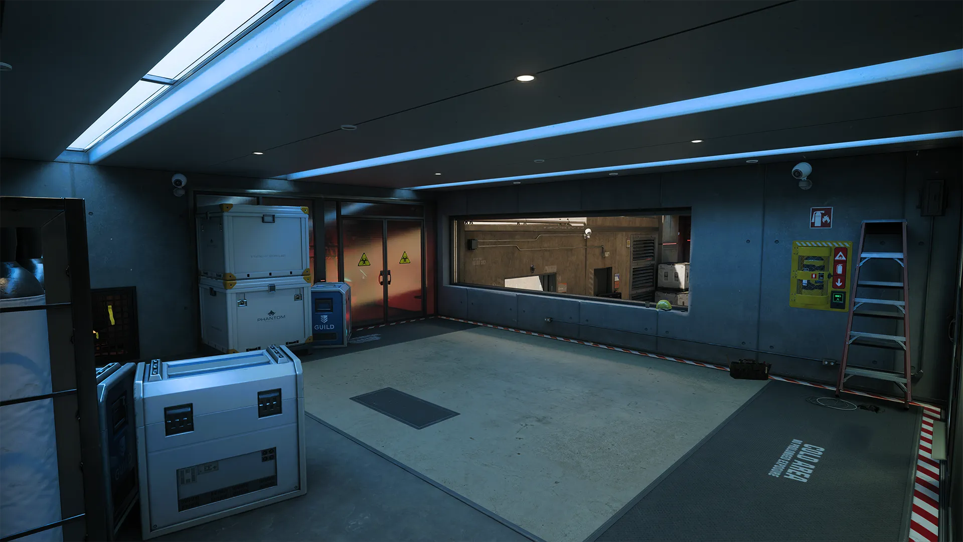 A sterile, futuristic cold storage room with blue lighting, stacked white cargo crates labeled “PHANTOM” and “GUILD,” and warning signs for hazardous materials on the glass doors. A window looks into an adjacent industrial space, and a red ladder rests against the far wall.