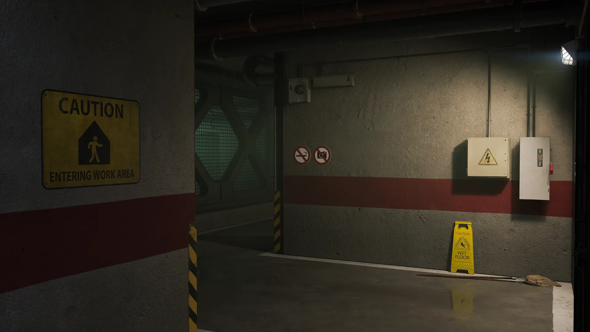 A dim industrial corridor shows concrete walls with warning signs, exposed pipes, and a yellow “wet floor” caution sign beside a small puddle, creating a utilitarian and slightly hazardous atmosphere. Overhead lights cast soft reflections on the damp floor, emphasizing the enclosed work-area setting.