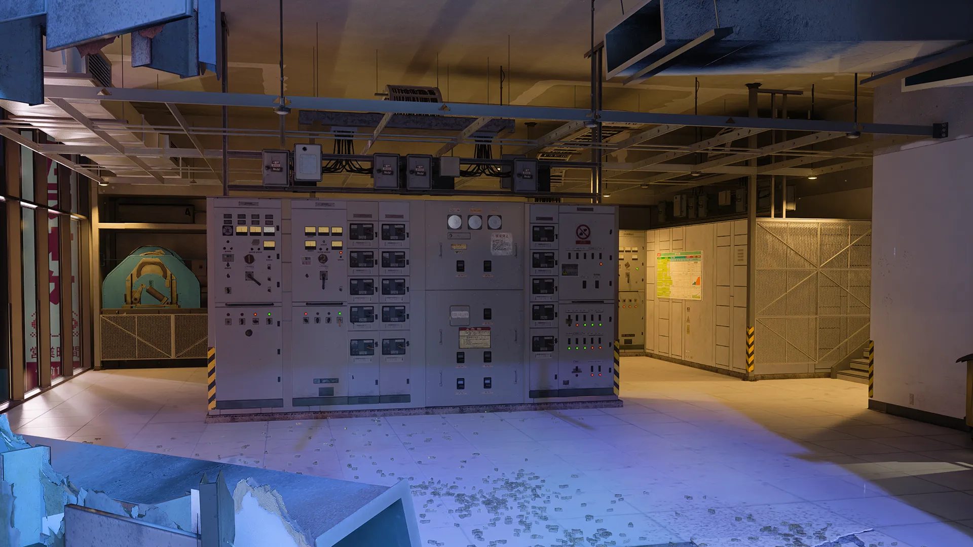 An interior electrical control room is filled with large gray control panels, switches, and indicator lights beneath an exposed ceiling. Broken wall sections and debris on the floor suggest recent damage or forced entry.