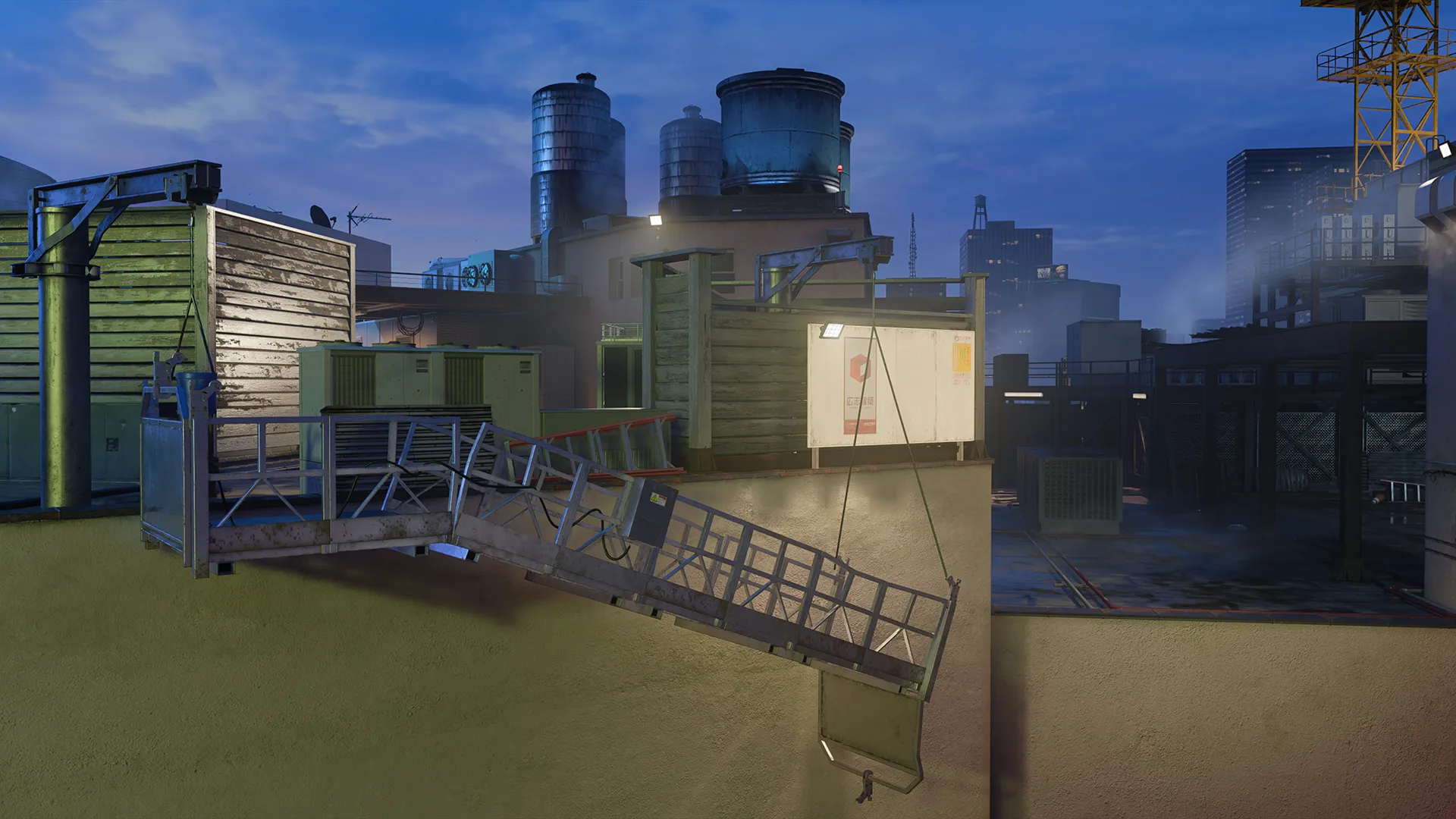 A rooftop work area at night features industrial vents, metal walkways, and a lowered scaffold ramp suspended over a ledge. Steam, floodlights, and distant skyscrapers reinforce the dense city atmosphere.