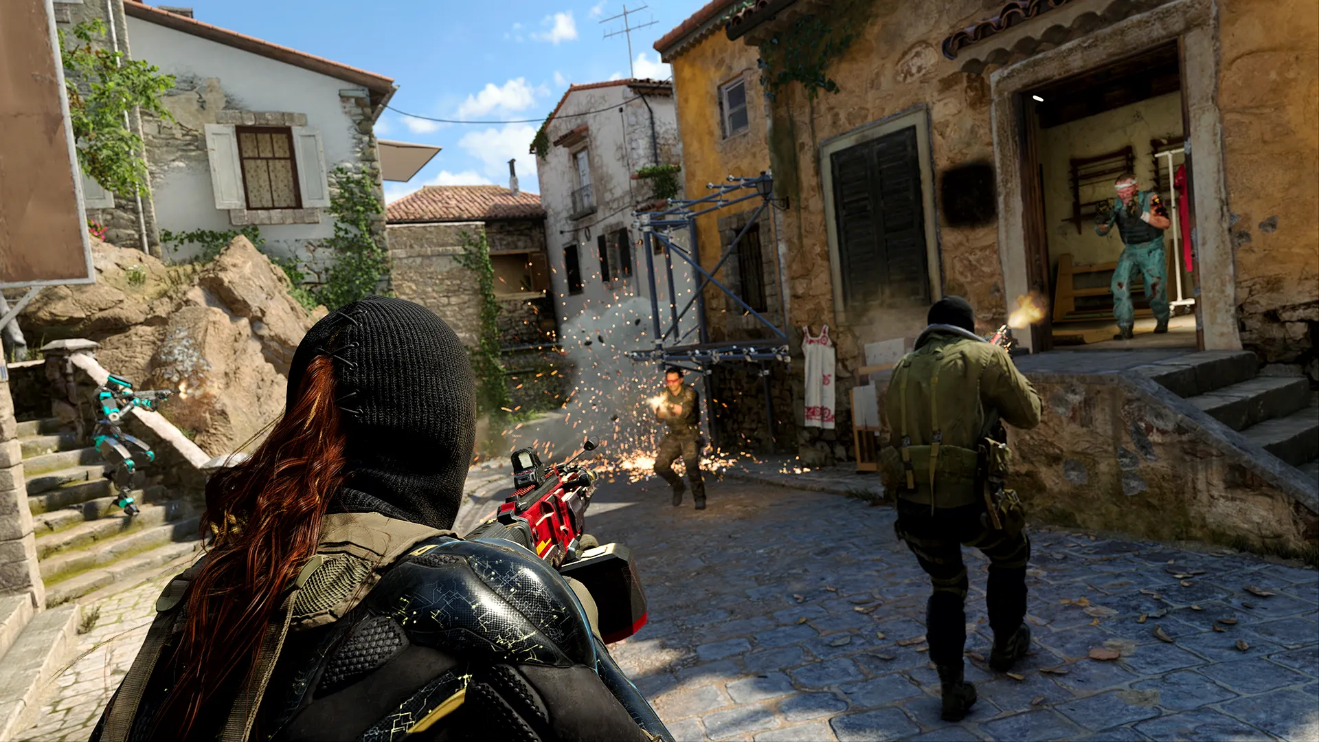 Operators exchange gunfire in a narrow cobblestone village street as sparks fly from impacts near a scaffolding and doorway.
