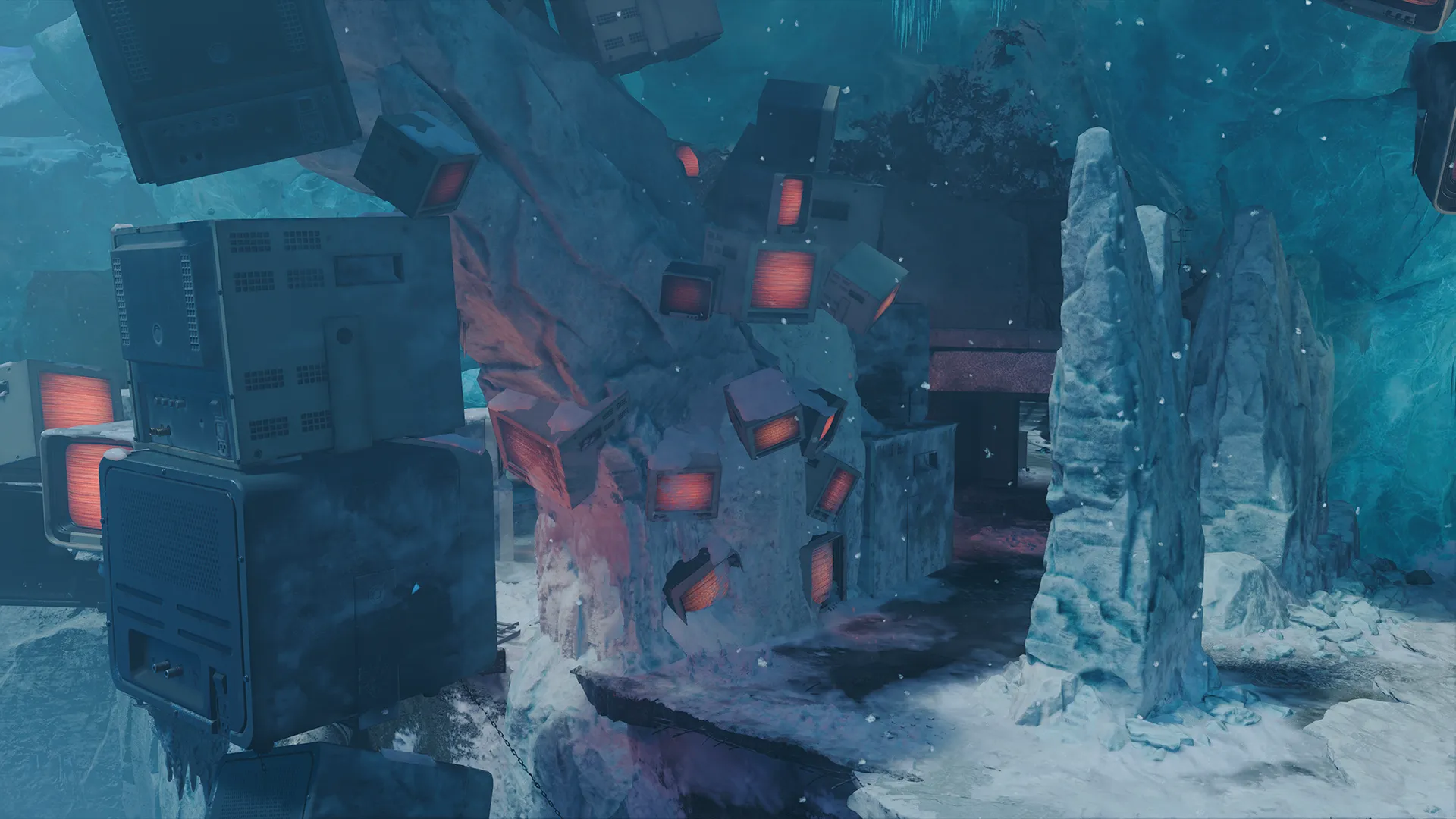 A surreal frozen cavern filled with jagged ice formations and embedded, glowing red monitors, creating a stark contrast between organic ice and decaying technology.