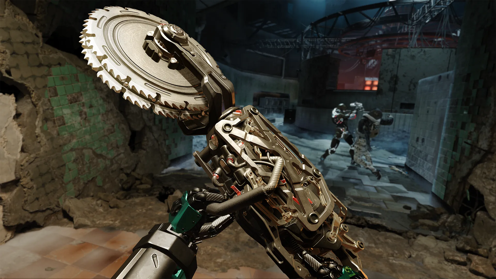 A mechanized circular saw weapon is raised in the foreground inside a ruined, industrial corridor, while two armored soldiers clash in the background amid cracked tiles, debris, and harsh overhead lighting.