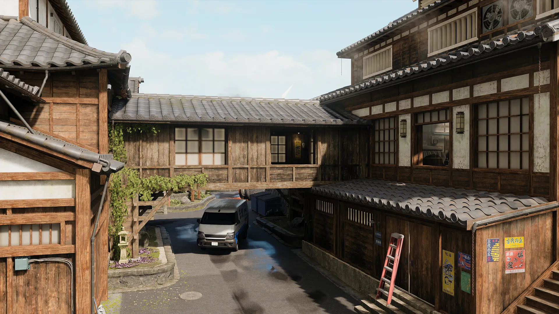 Exterior view of a wooden skybridge connecting two traditional buildings above a narrow street with a parked van.