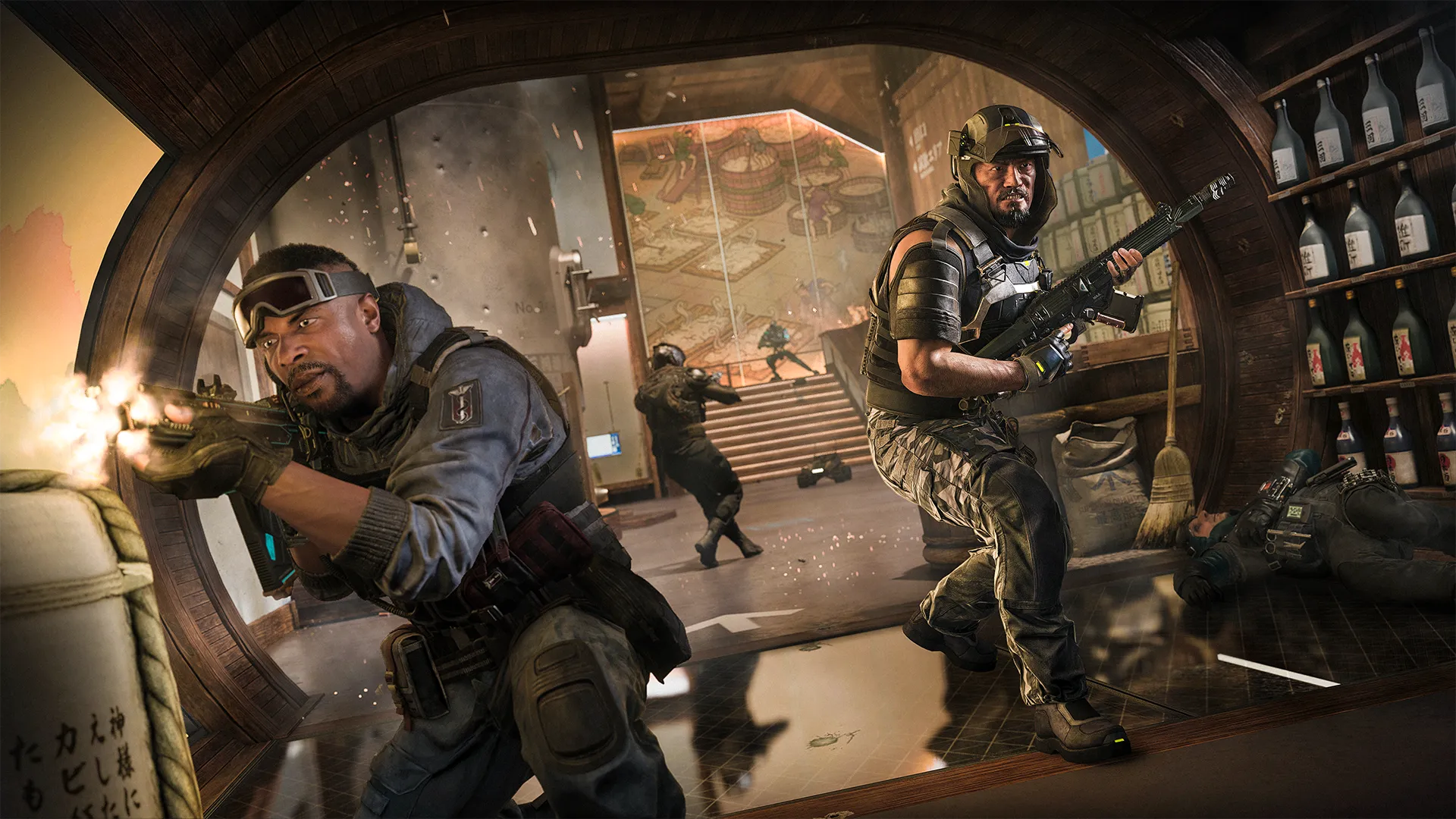 Interior firefight in a Japanese-style sake hall, with armed soldiers exchanging gunfire through a circular wooden doorway.