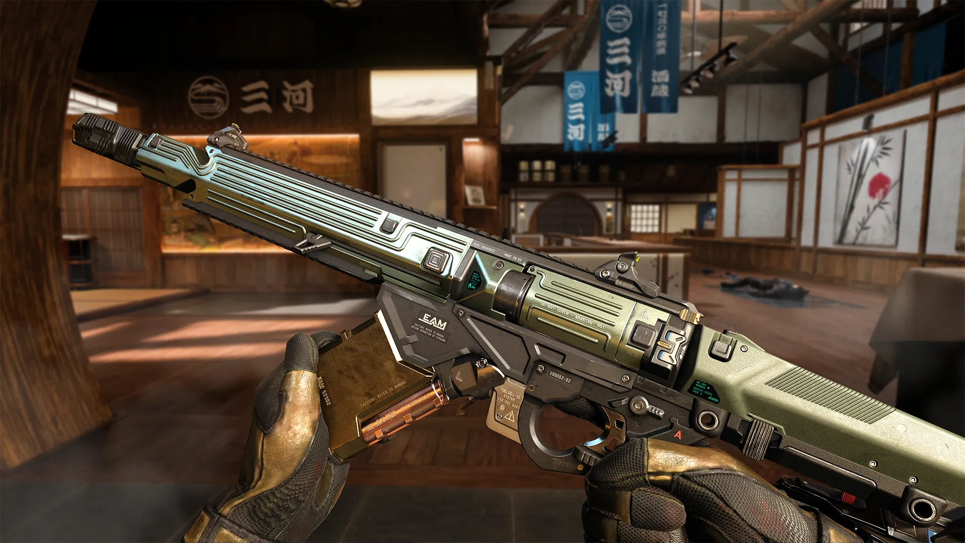 First-person view of a futuristic assault rifle held inside a traditional sake brewery interior.