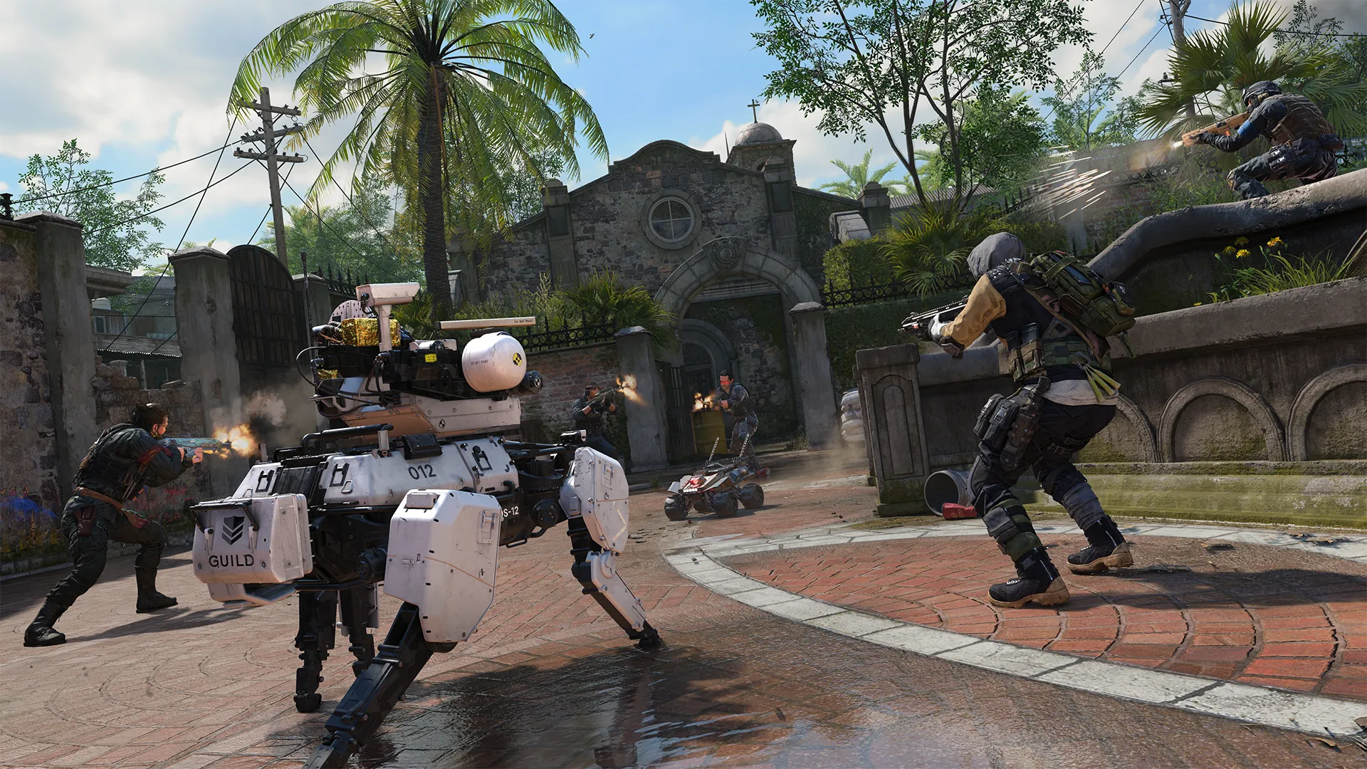 Firefight in a courtyard with armed soldiers and a white combat robot near a gated church entrance.