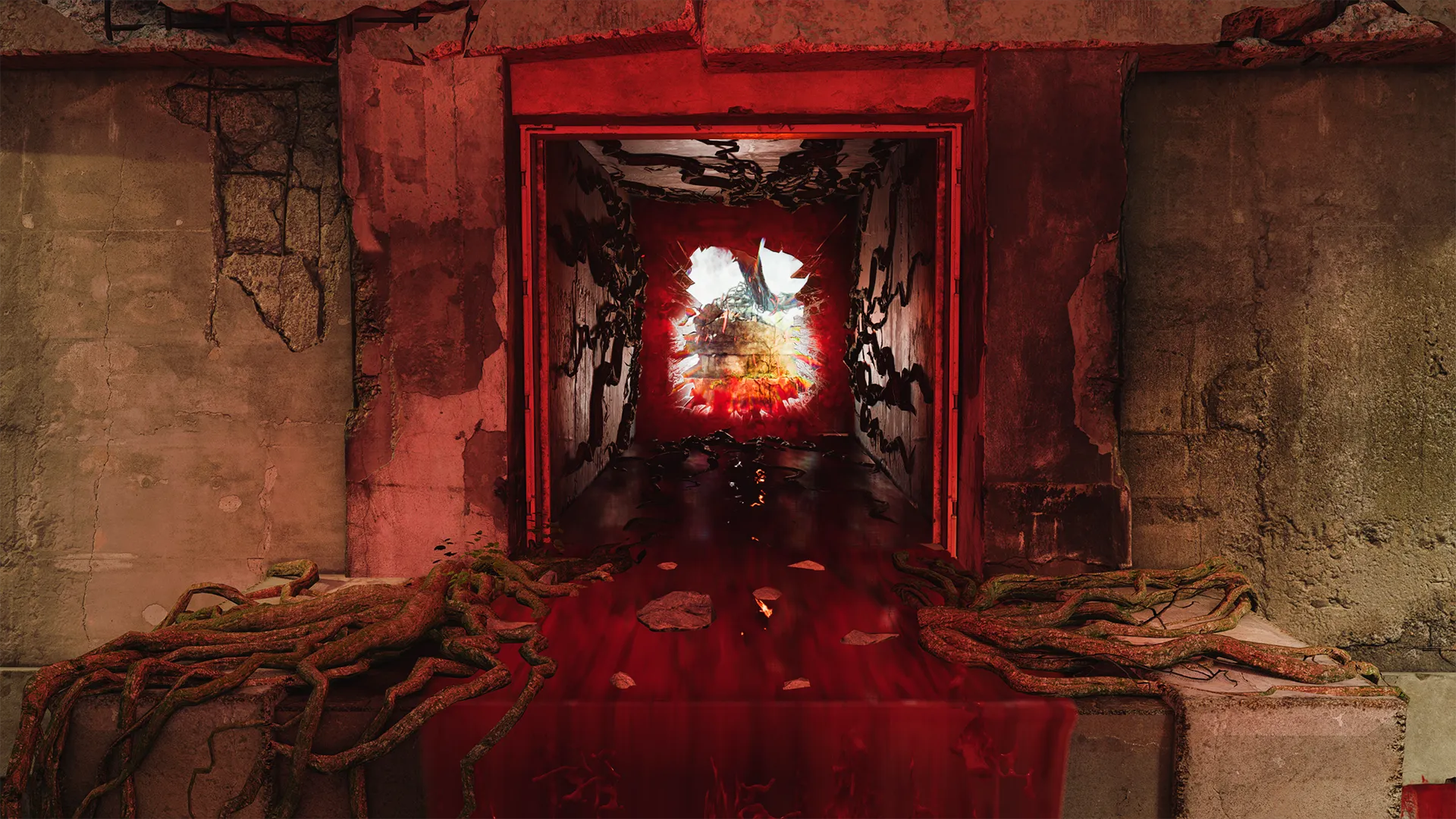 Red-lit tunnel flooded with liquid and organic growth around a broken wall opening.