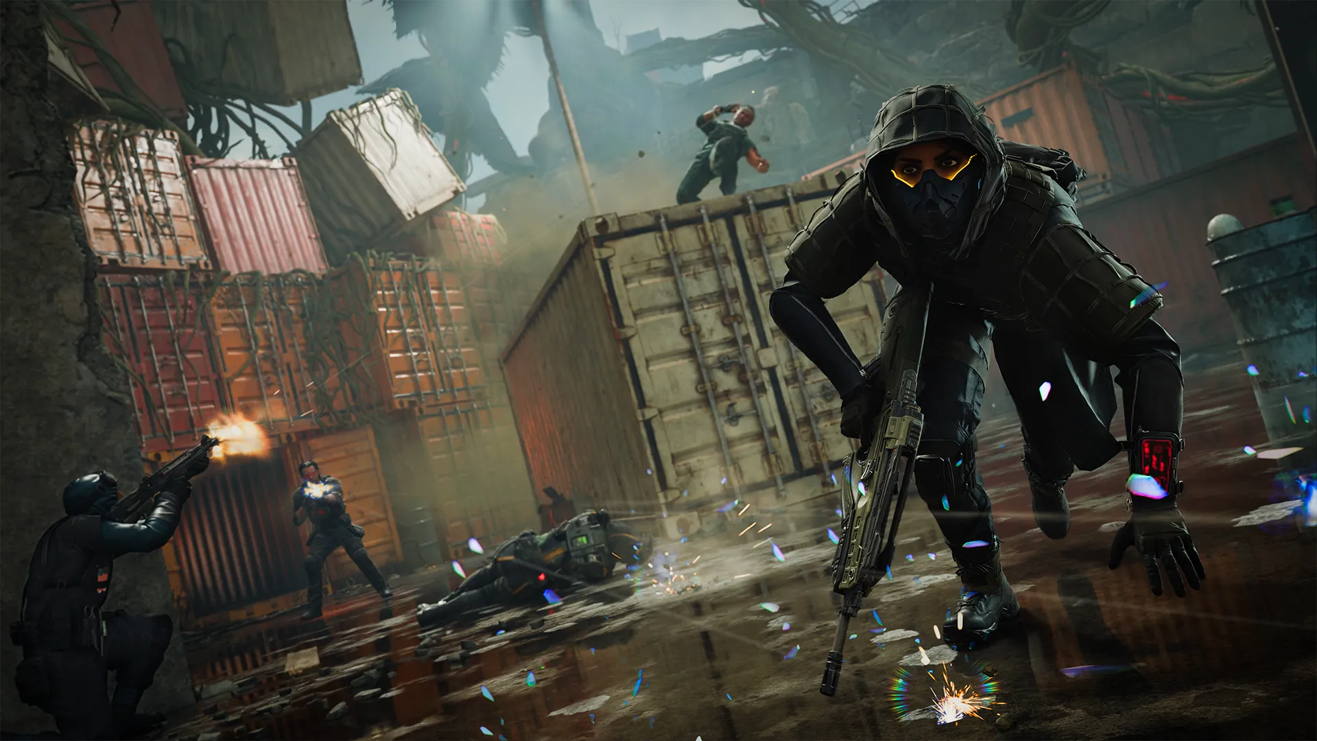 Operatives fighting among stacked shipping containers in a flooded industrial yard.