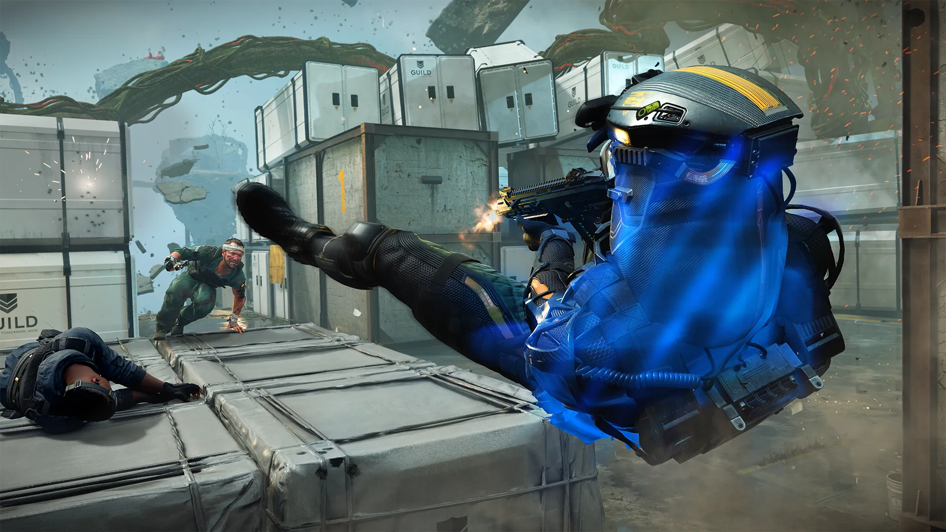 rmored operative sliding across container tops while firing during a close-quarters firefight.