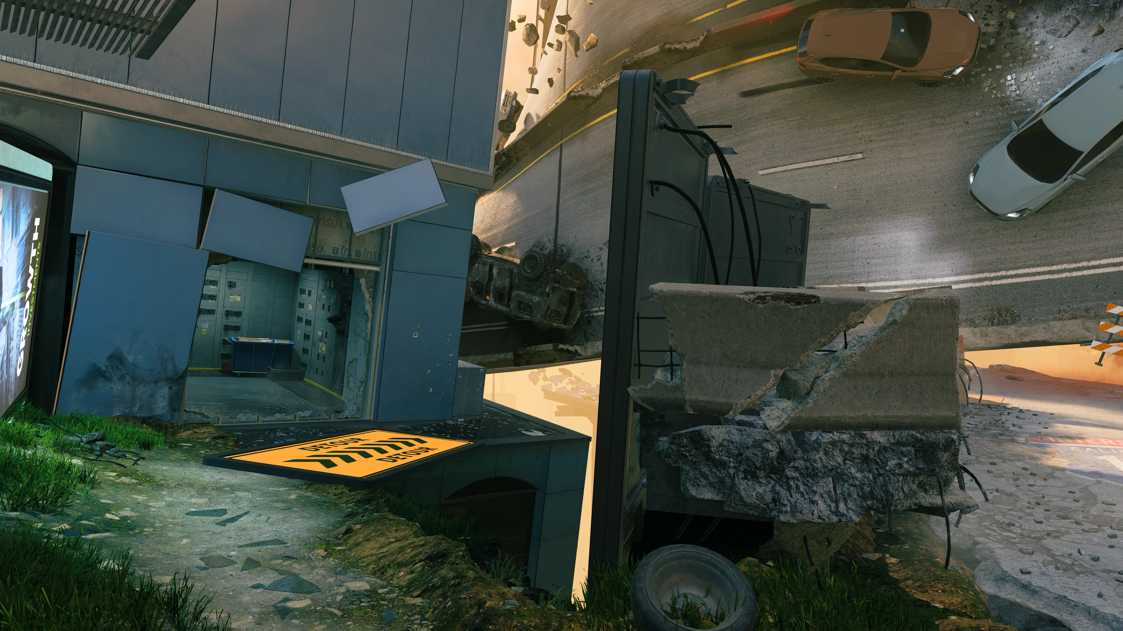 The entrance to a damaged building where broken panels expose an electrical room inside, while a collapsed highway and overturned vehicles loom nearby.