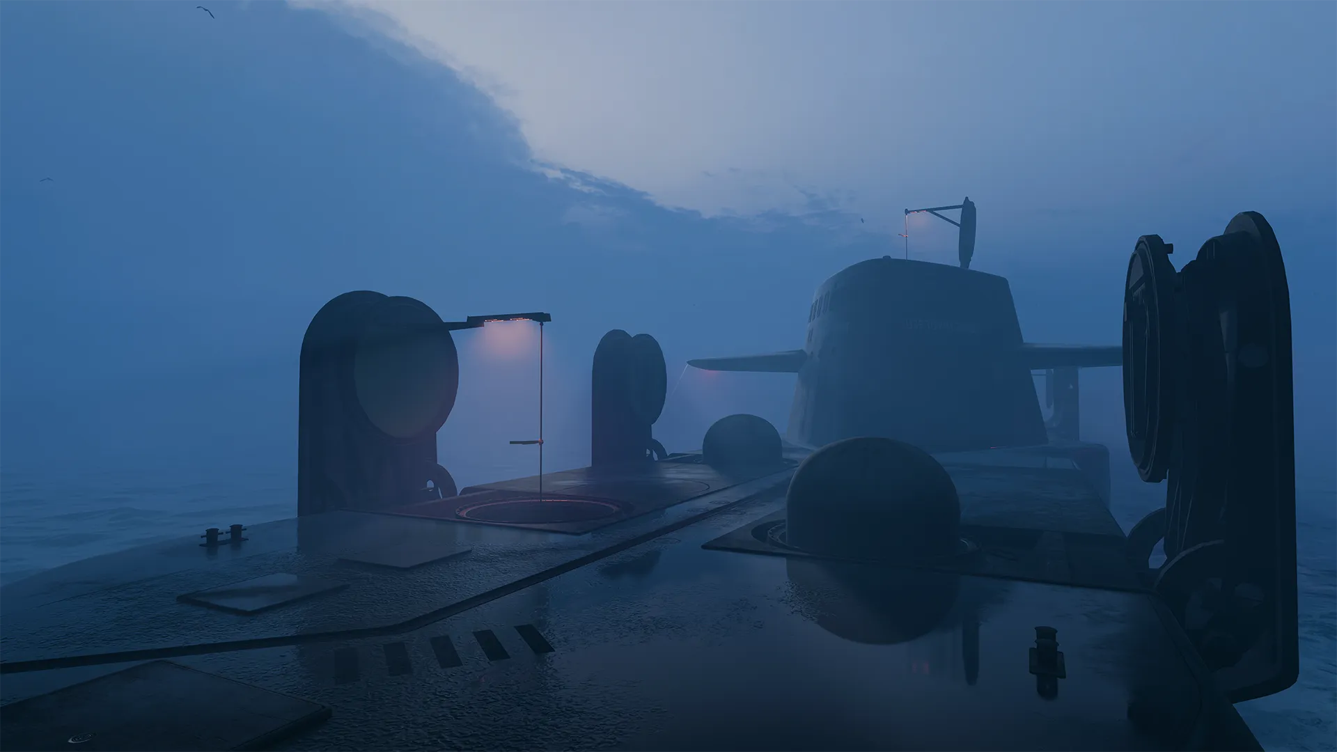 Foggy submarine deck at night with open hatches and dim lights glowing over the wet surface.
