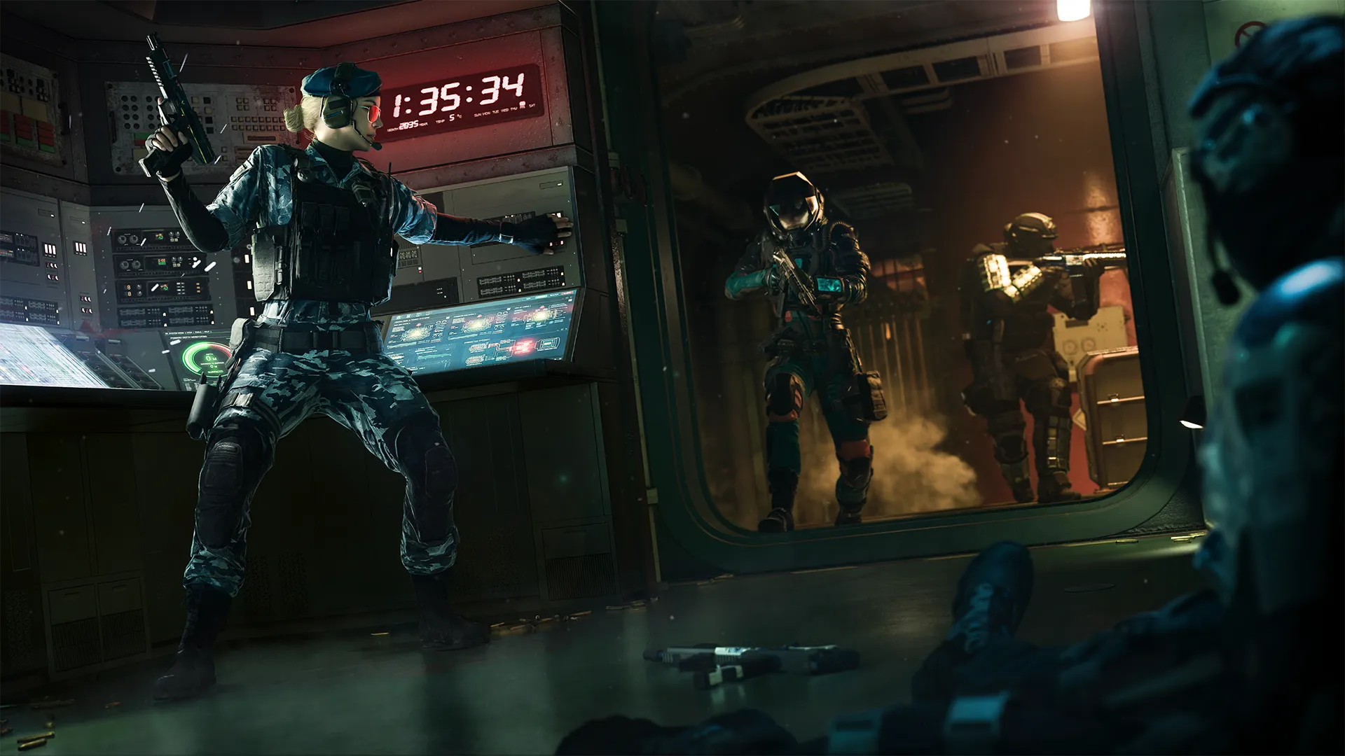 Soldier aims a pistol in a control room as two armored enemies push through a smoky doorway.