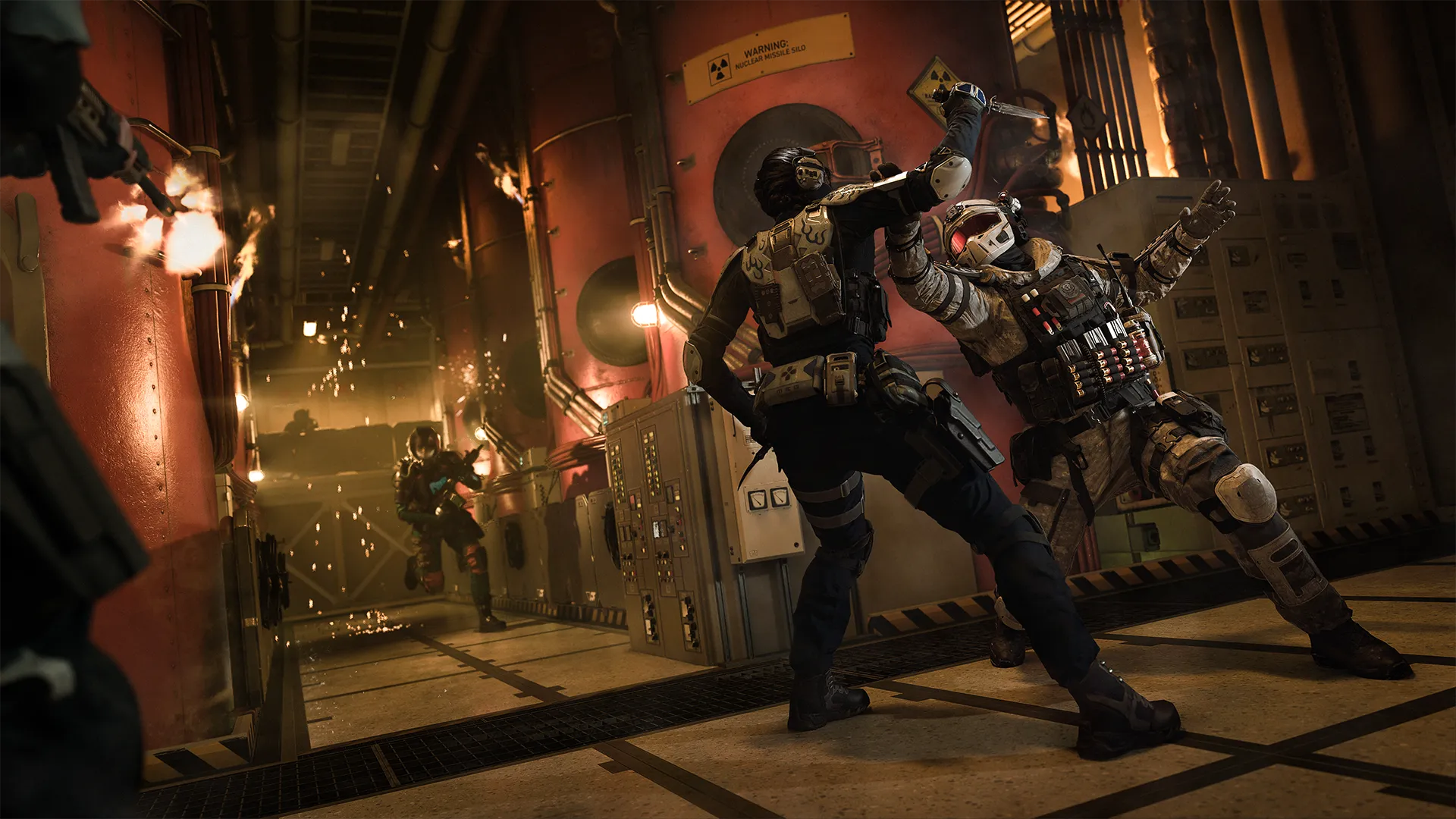 Two soldiers fight in a narrow industrial corridor as sparks fly and another enemy rushes forward.