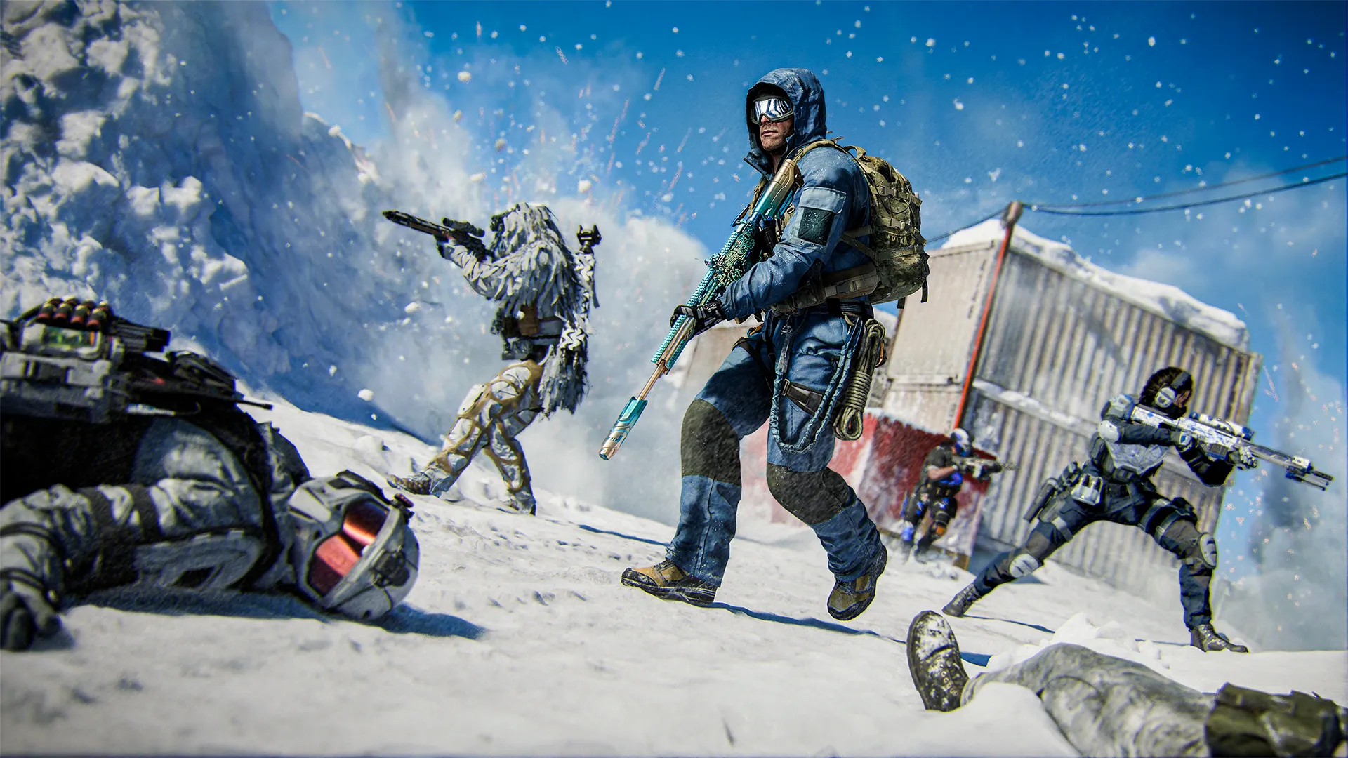 Four soldiers fight in a snowy base as an explosion erupts behind them and bodies lie in the snow.