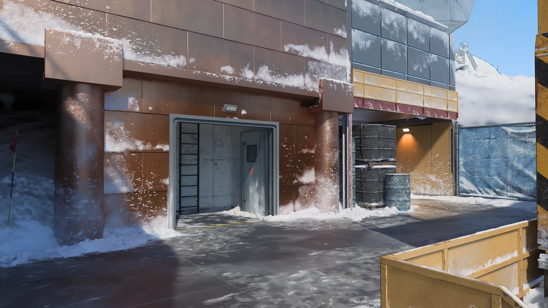 Icy base with large satellite dishes and snow-covered buildings spread across a frozen landscape.