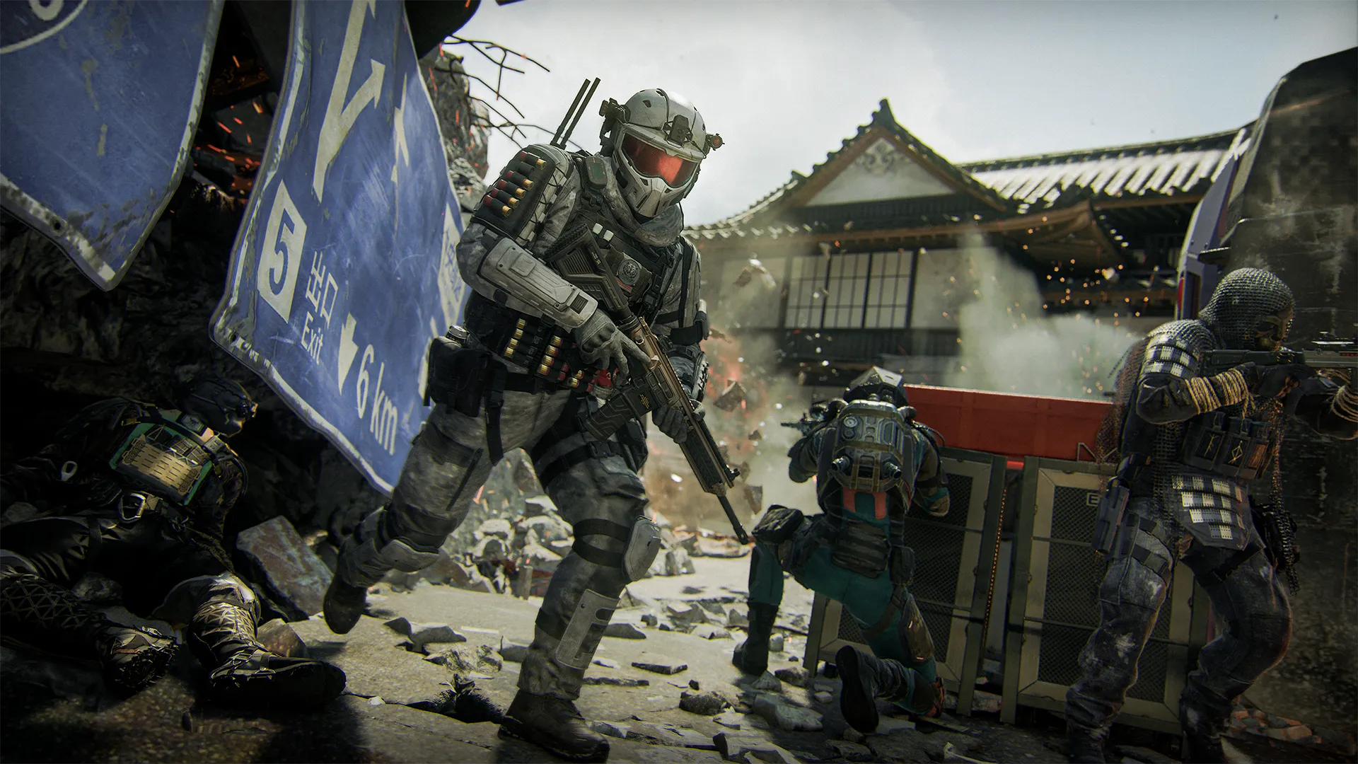 Armored soldiers advance past rubble and a fallen highway sign as debris and sparks burst around them.