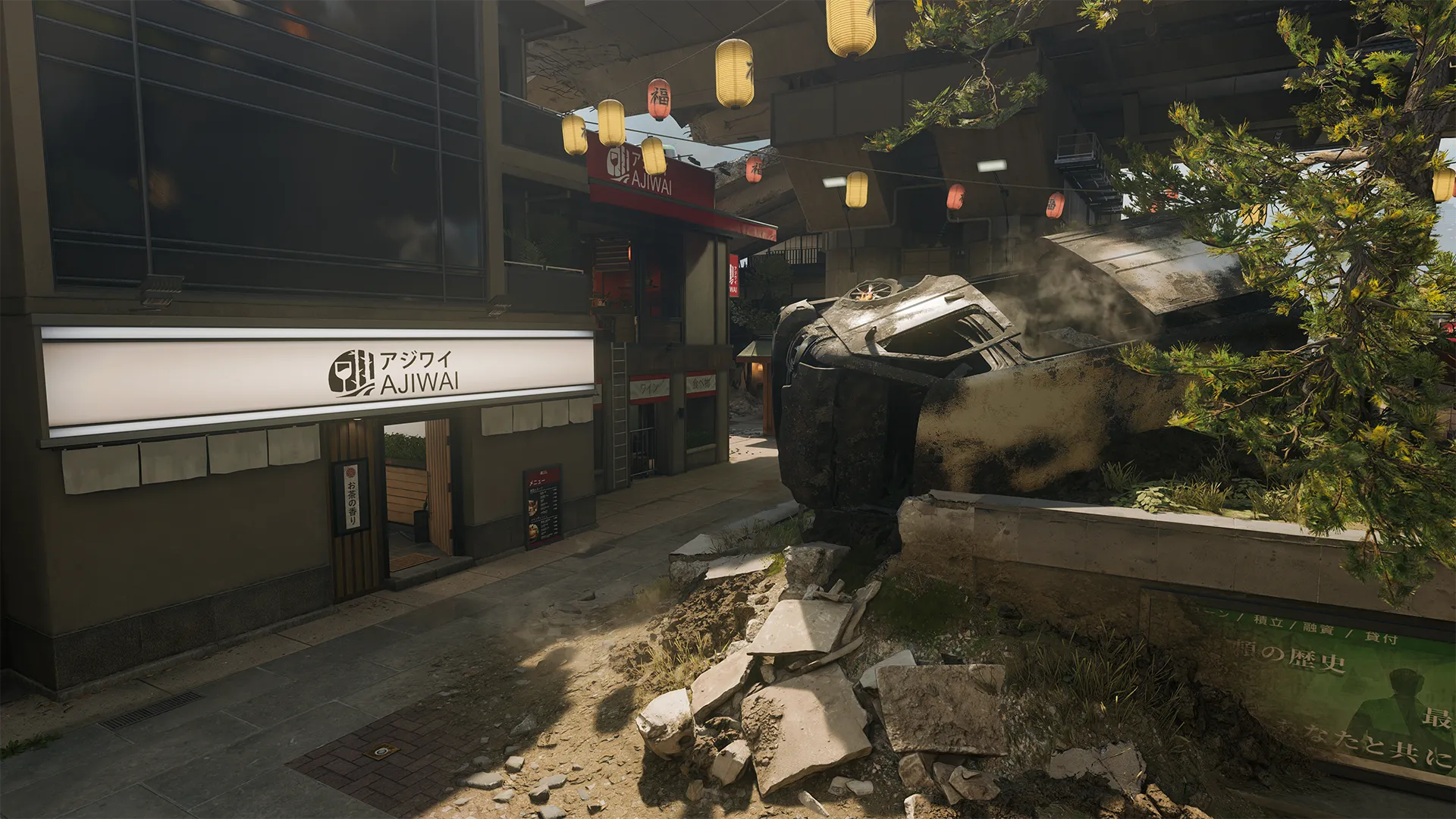 Japanese-style storefront “AJIWAI” beside a wrecked car embedded in rubble under hanging lanterns.