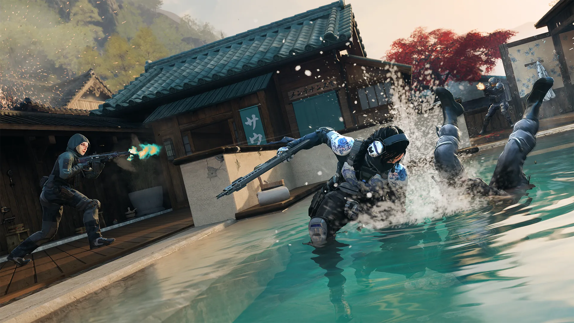 Fighter splashes into a hot spring pool while another shoots from the deck and a body falls into the water.