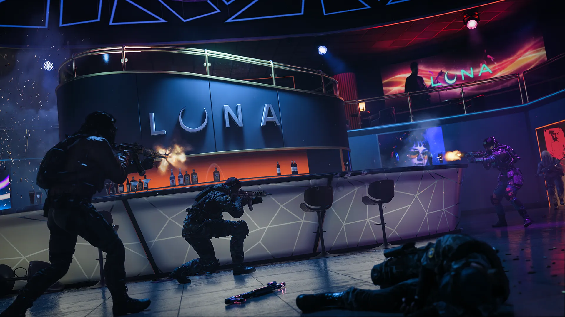 Nightclub bar labeled “LUNA,” with colored lights, bottles on shelves, and lounge seating around the room.