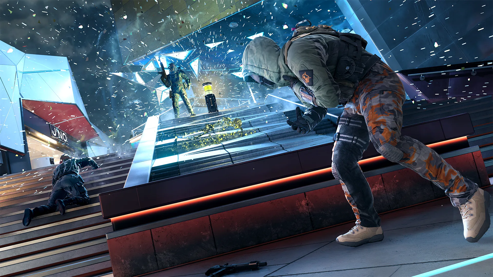 Armed soldiers exchange gunfire inside the LUNA nightclub, taking cover behind the bar as a body lies on the floor.