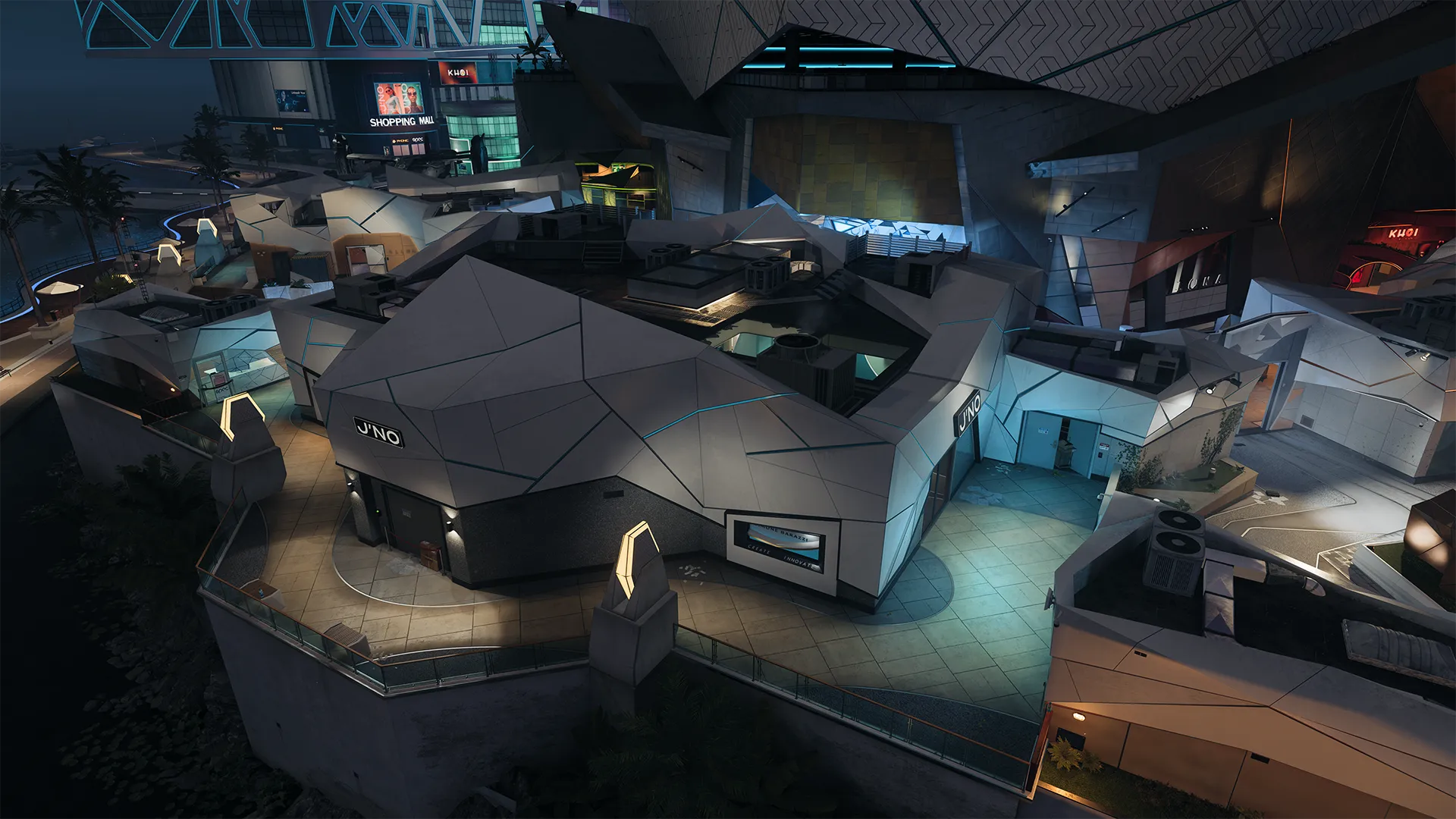 Overhead view of a geometric shopping complex with glowing paths and a “Shopping Mall” sign in the distance.