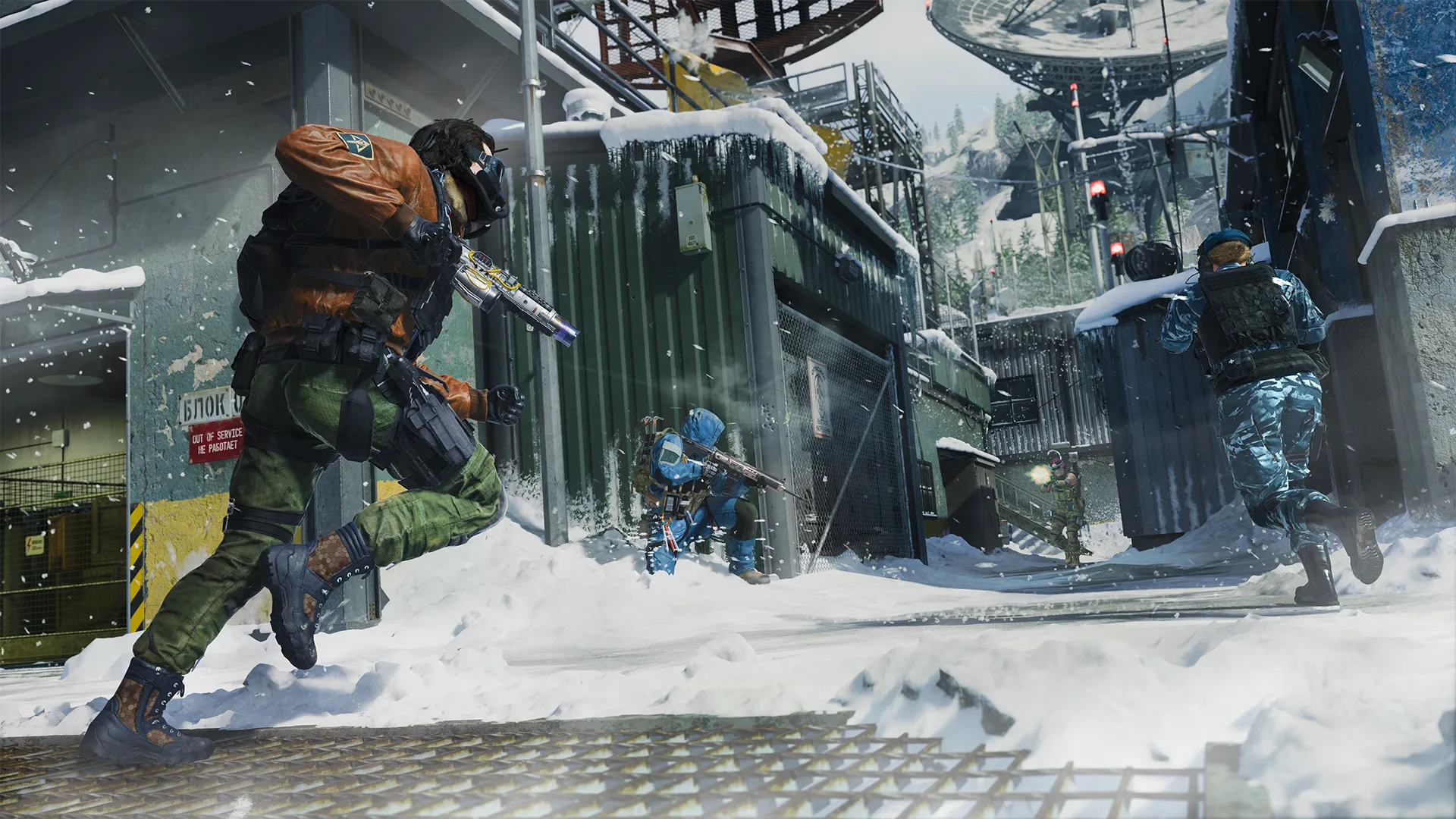 Soldiers in winter gear exchange gunfire outside snowy industrial buildings with a satellite dish.