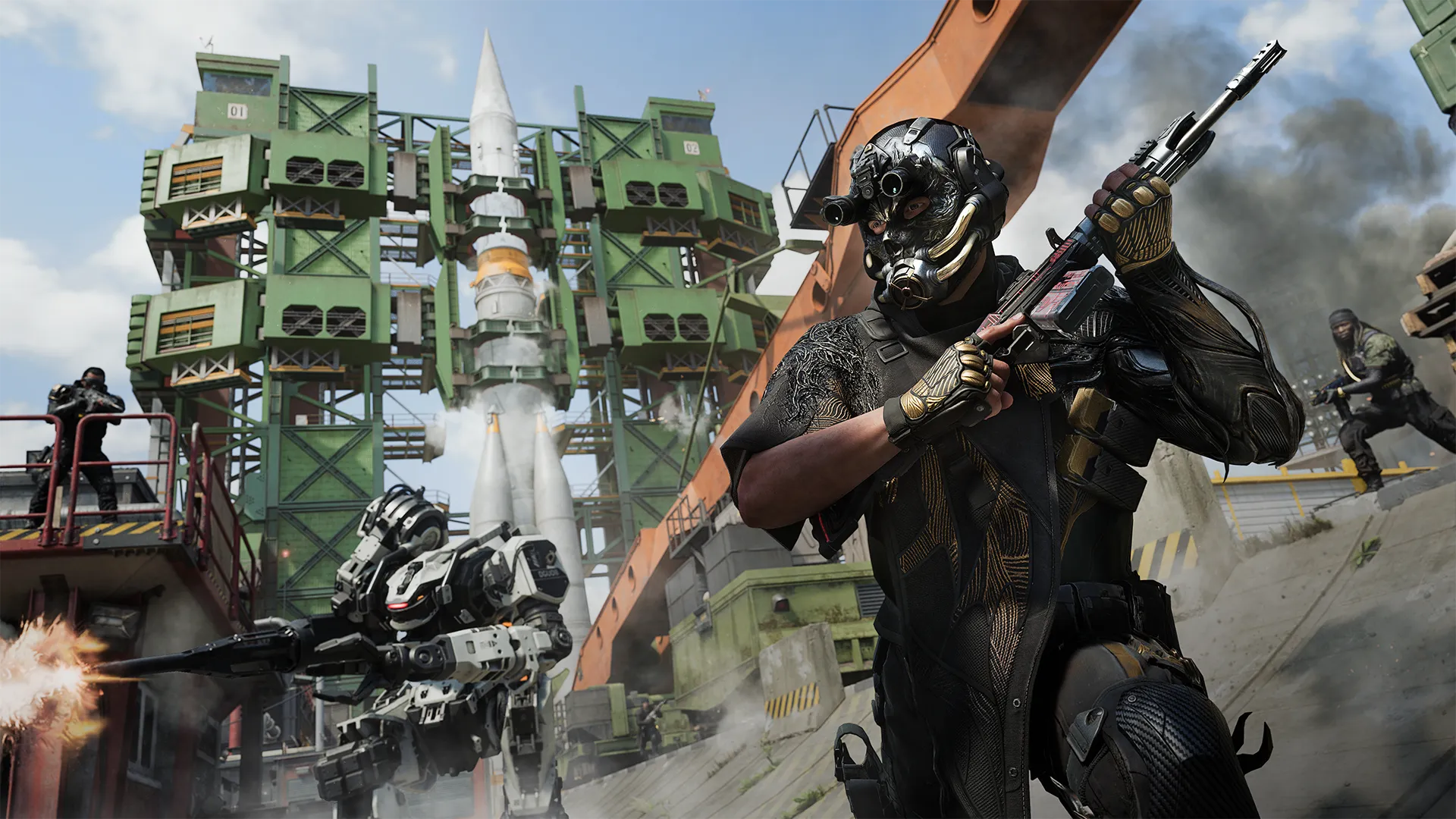 Masked operative with a rifle advances past a combat robot as a rocket stands on a launch pad behind him.