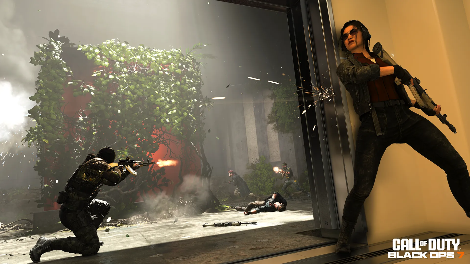 Woman in sunglasses takes cover in a doorway with a rifle as armed fighters exchange gunfire around a vine-covered structure.