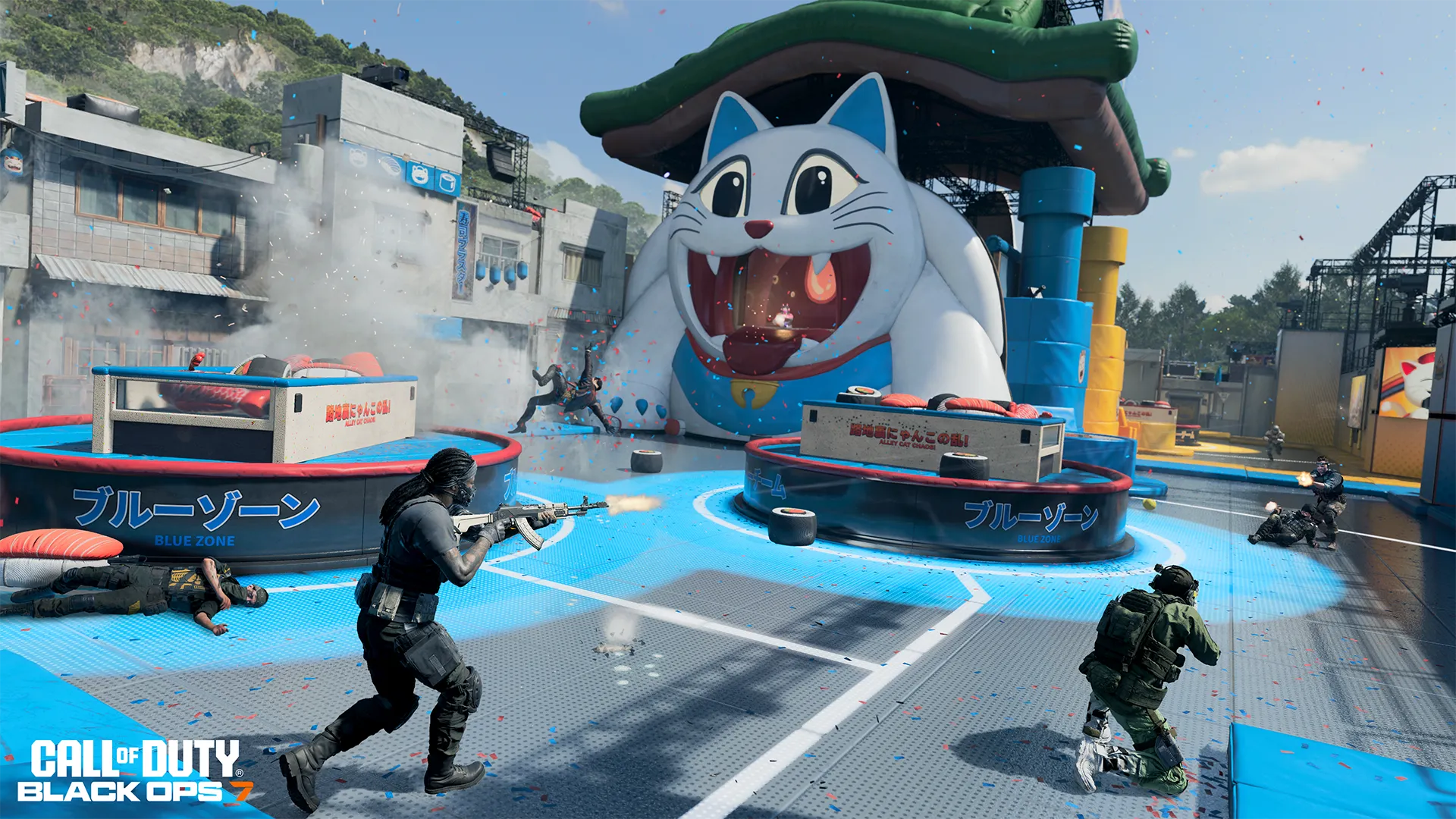 Soldier fires a launcher at a drone as explosions erupt around a giant smiling cat stage in a colorful arena.
