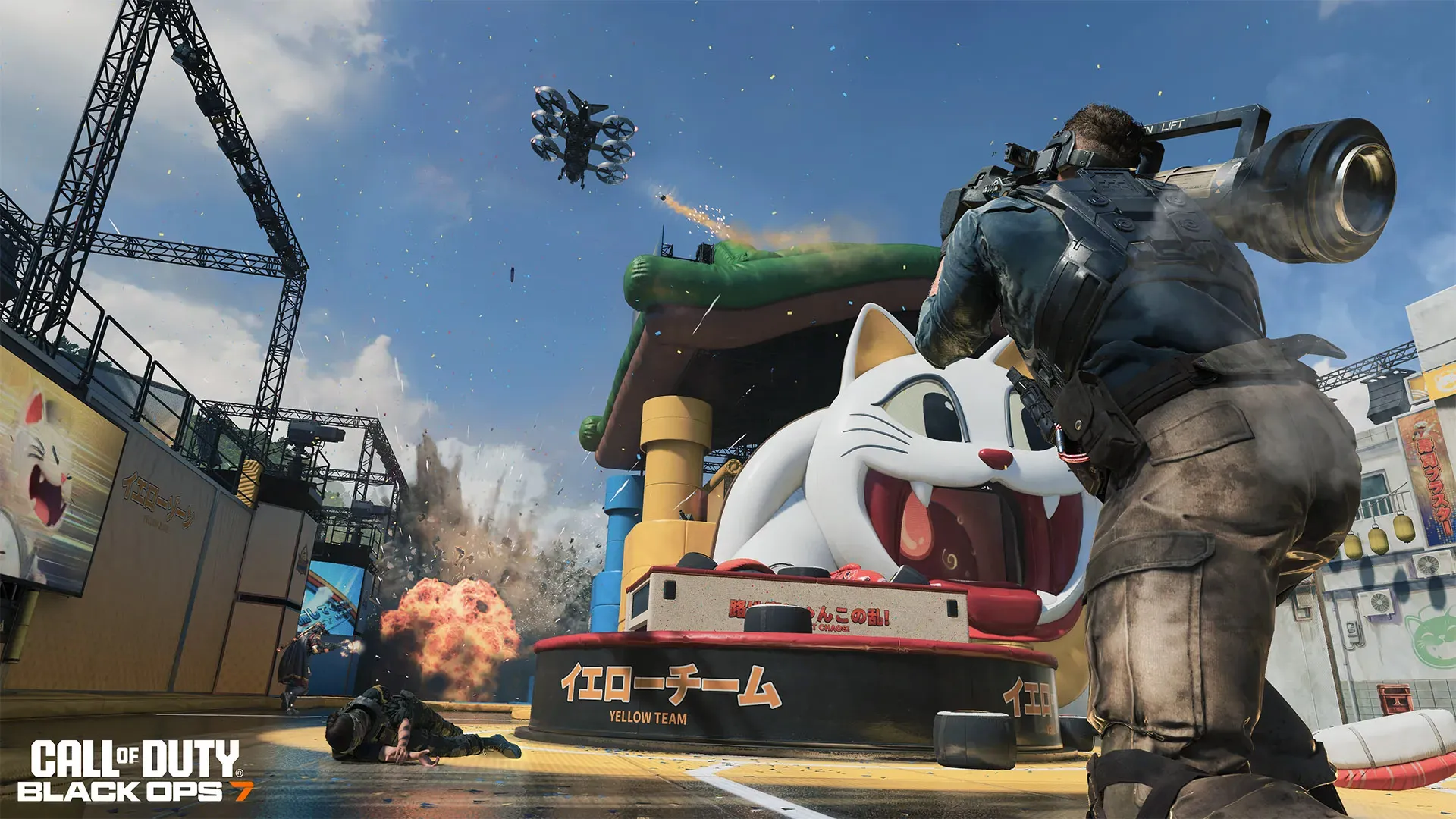 Multiple soldiers exchange gunfire across a bright blue arena dominated by a giant cartoon cat and sushi-themed obstacles.