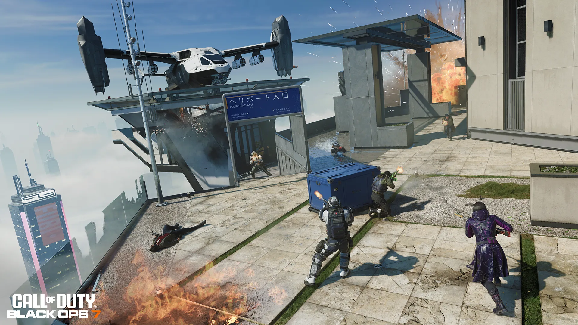 Soldier takes cover behind a pillar in a modern atrium while a firefight erupts around a suspended aircraft display.