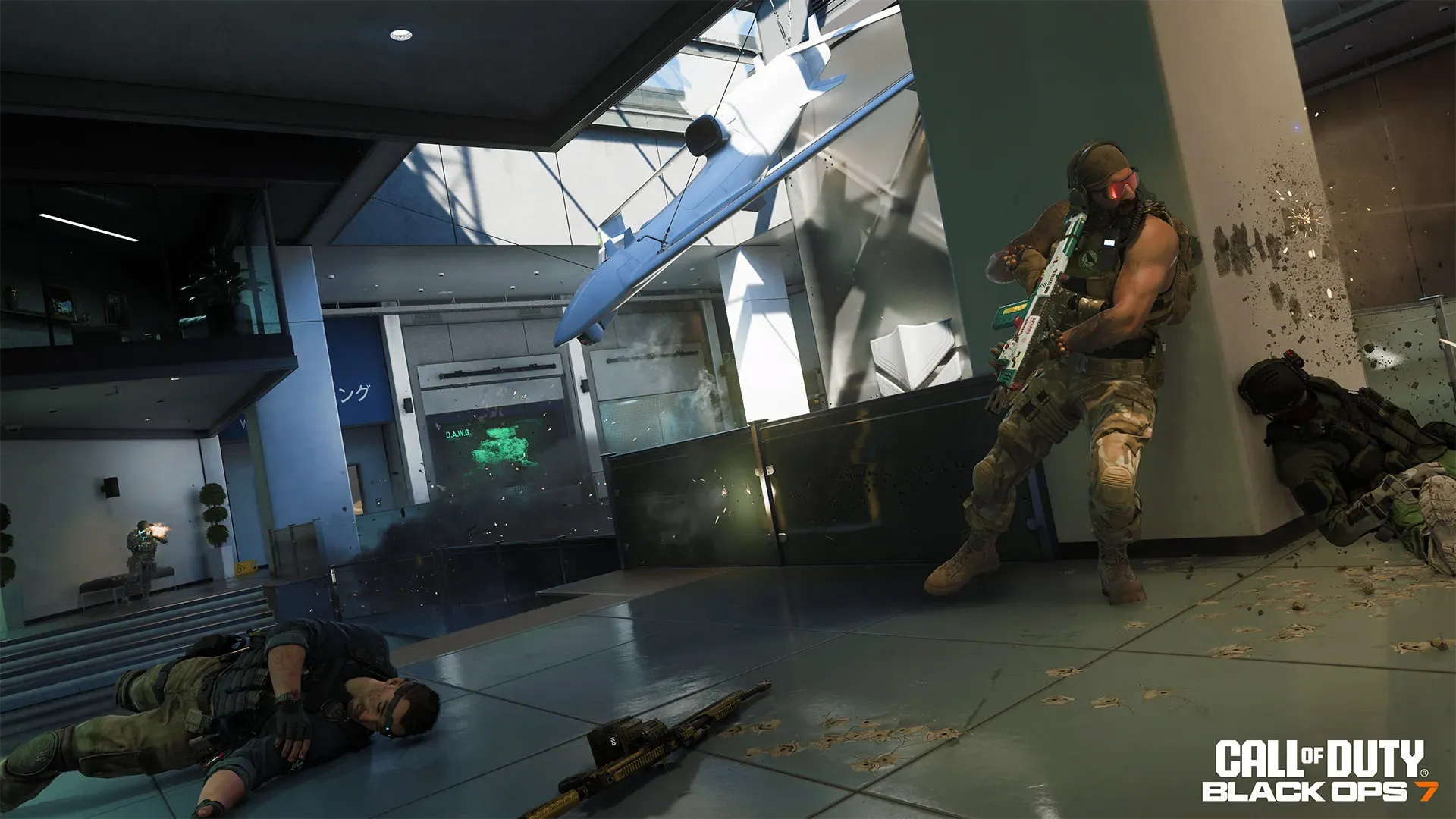 Multiple operators exchange gunfire on a rooftop helipad as explosions erupt near a futuristic aircraft above the clouds.