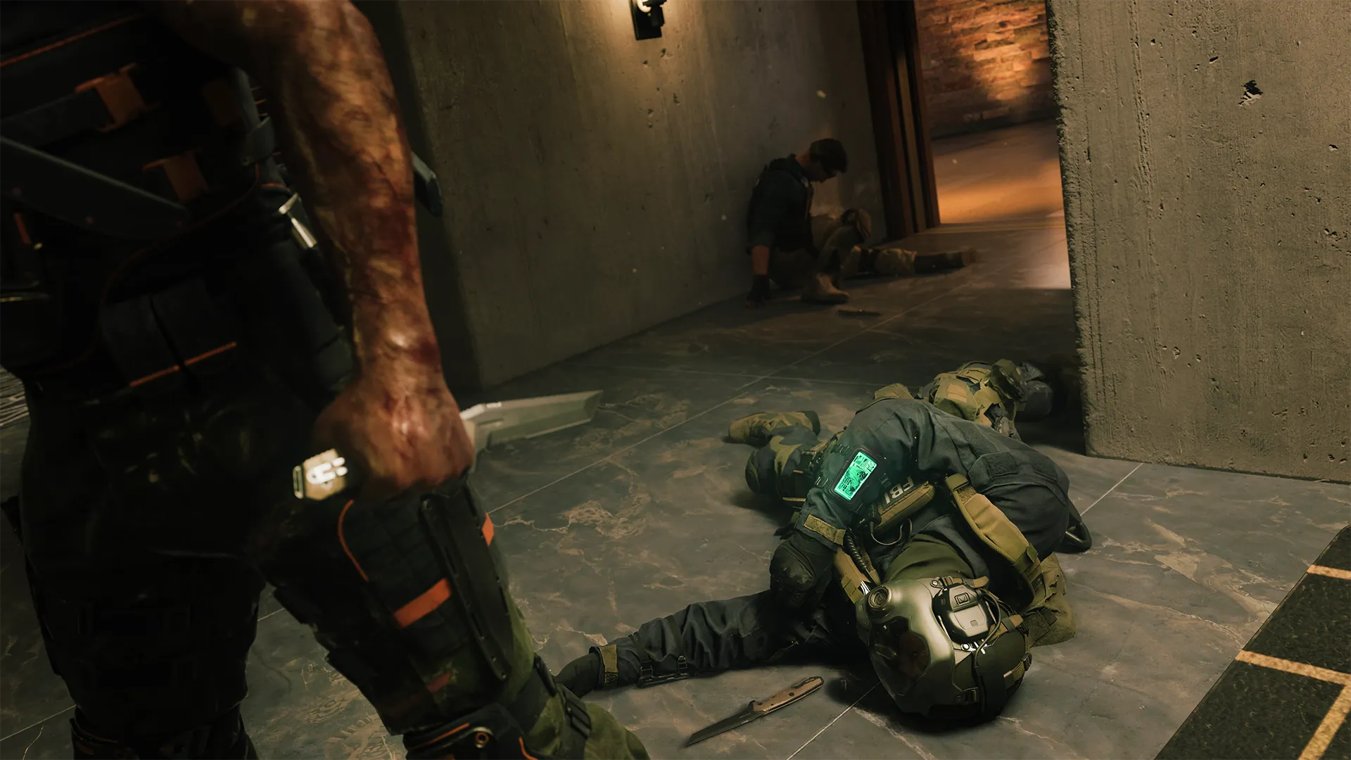 Armed operator takes cover inside a modern luxury home while teammates exchange fire around a living room.