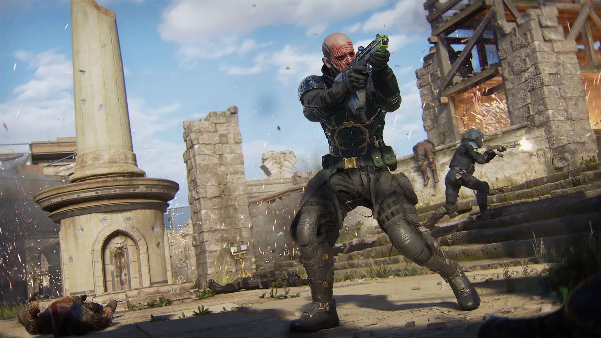 An operator in black tactical armor fires a pistol while teammates battle through the stone ruins of the Dig multiplayer map.