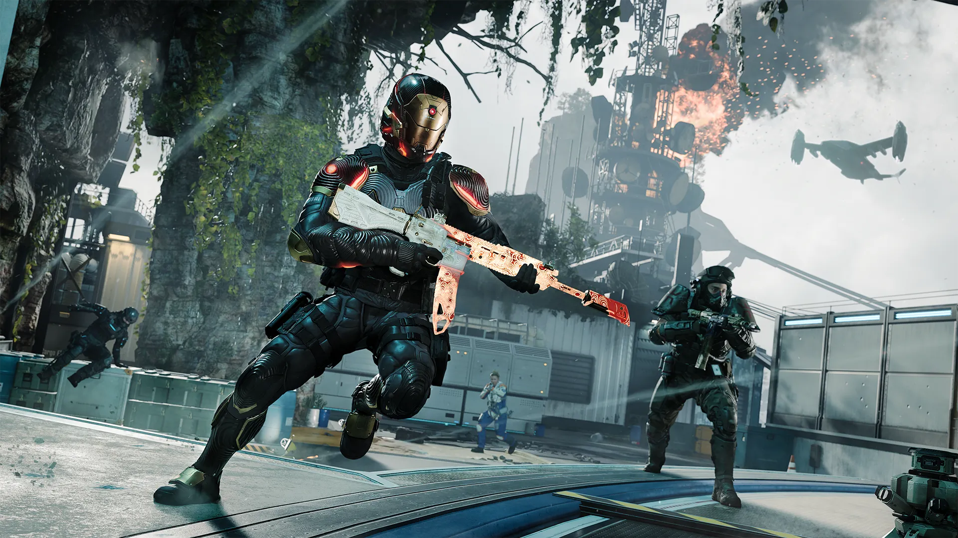 A futuristic armored operator sprints through the Frequency map with a customized assault rifle as teammates advance under heavy fire.