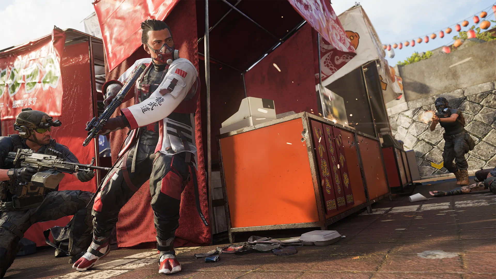 An operator in festival-themed gear takes cover beside a market stall while teammates engage enemies in the Jubilee multiplayer map.