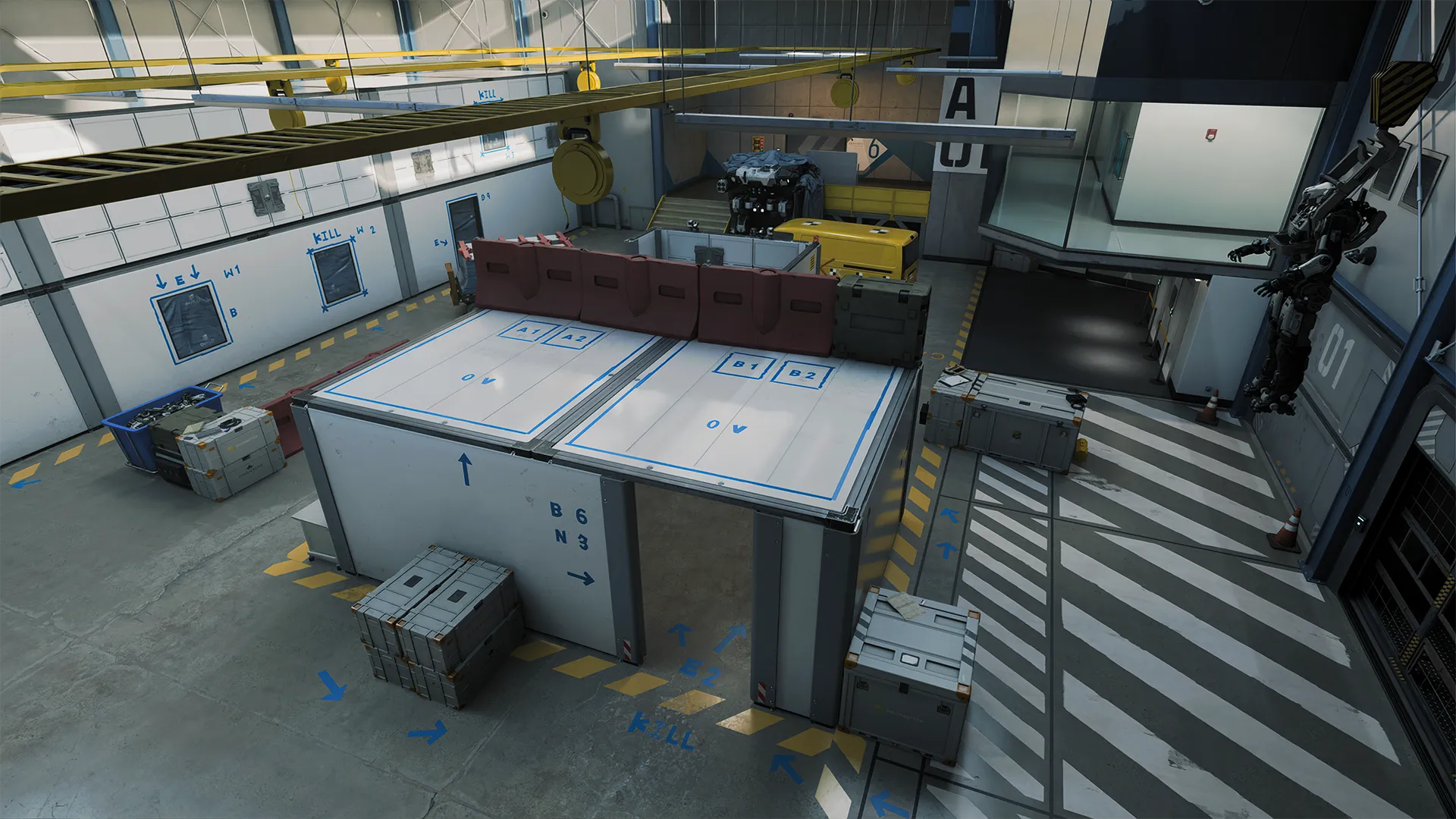 An overhead view of a clean, high-tech warehouse features cargo units, robotic arms, directional markings, and a suspended mech frame, all arranged under skylights and yellow gantry cranes.