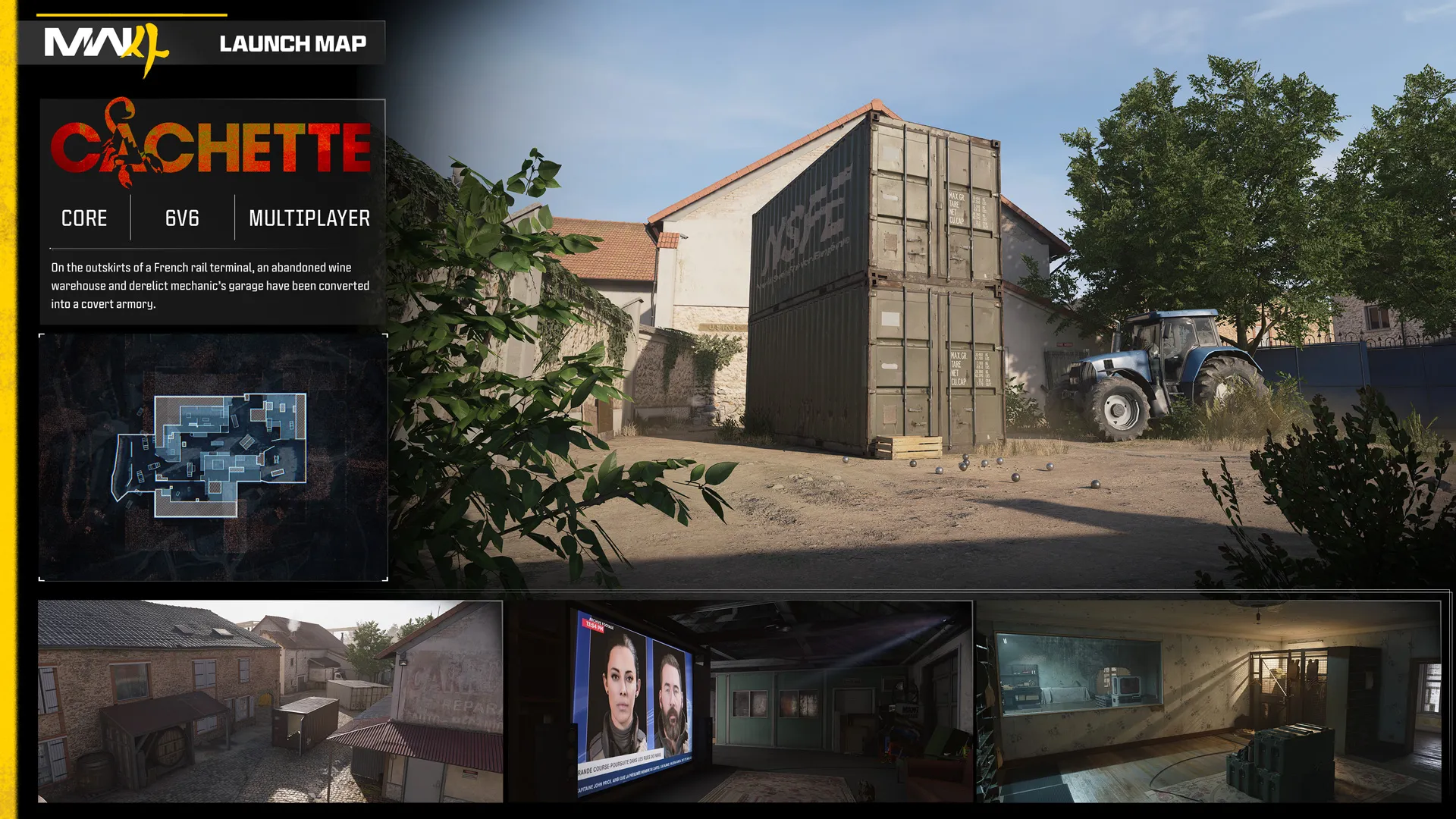Cachette multiplayer map overview featuring stacked shipping containers and a tractor outside a French warehouse, with a minimap and three location previews.