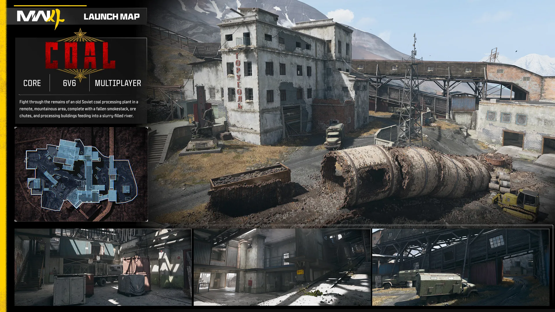 Coal multiplayer map overview featuring a deteriorating Soviet coal processing plant in the mountains, with a minimap and three location previews.