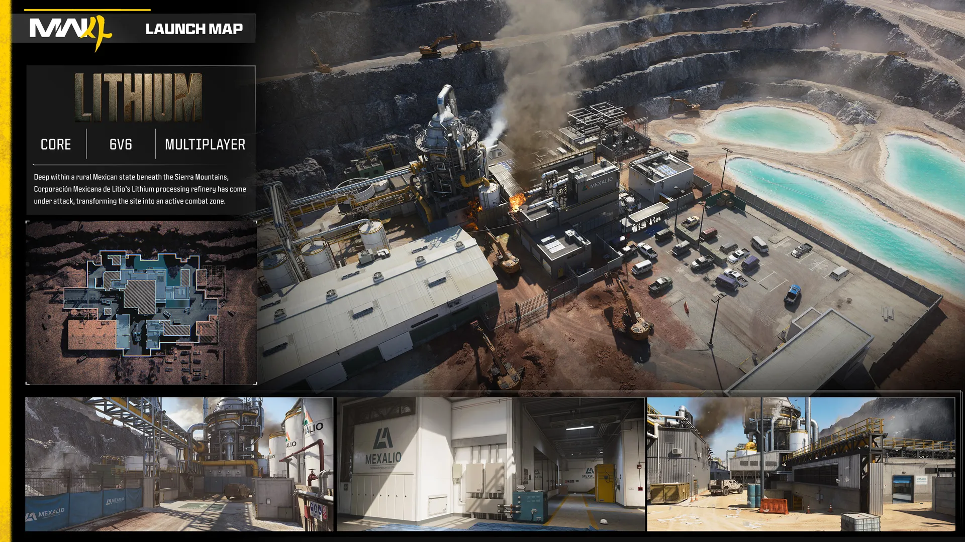 Lithium multiplayer map overview featuring a smoking industrial refinery surrounded by terraced quarry walls and turquoise pools, with a minimap and three location previews.